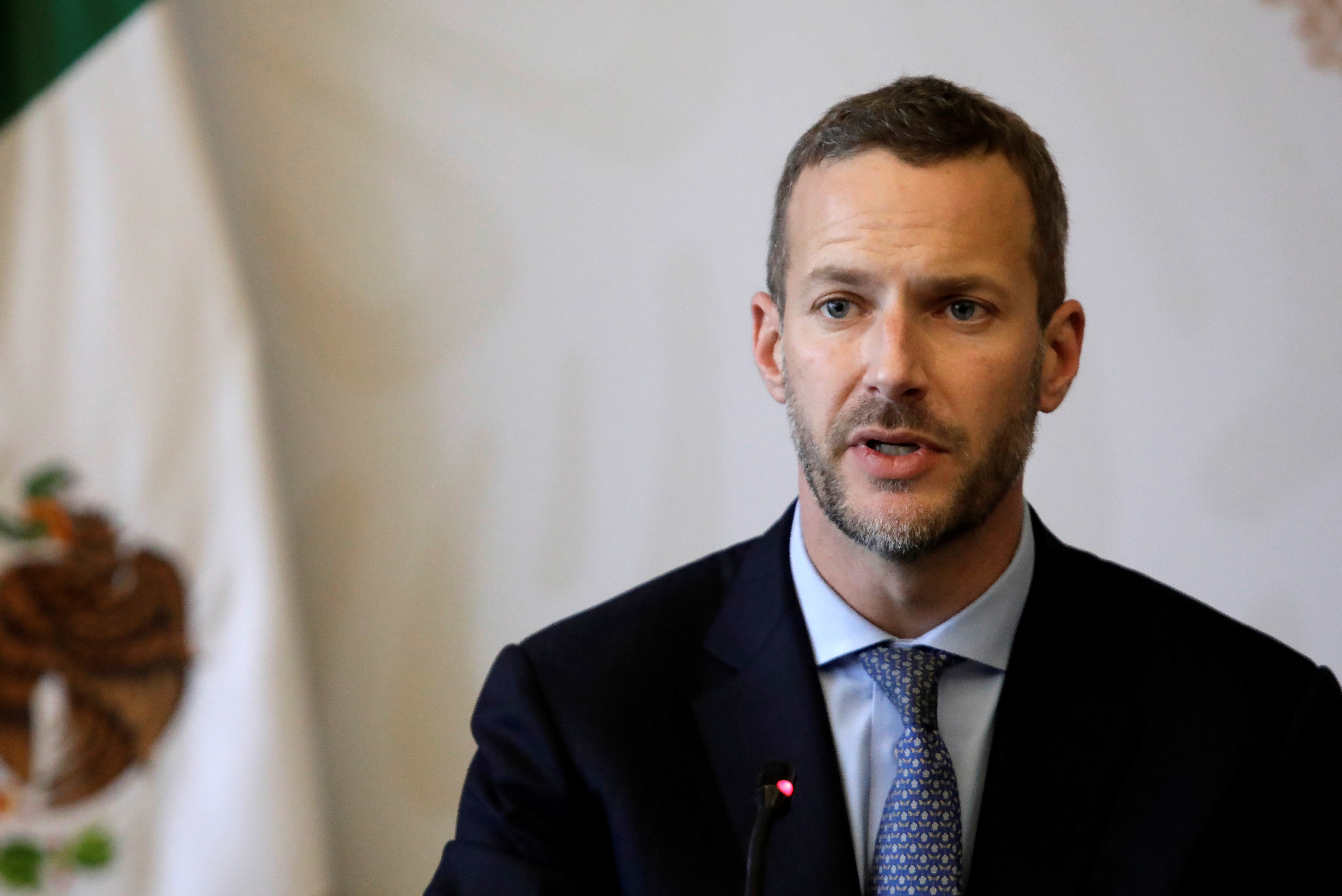 Adam S. Boehler, CEO of the U.S.Overseas Private Investment Corporation (OPIC), speaks during an event with Mexico's Foreign Minister Marcelo Ebrard (no pictured) in Mexico City, Mexico November 8, 2019. REUTERS/Luis Cortes