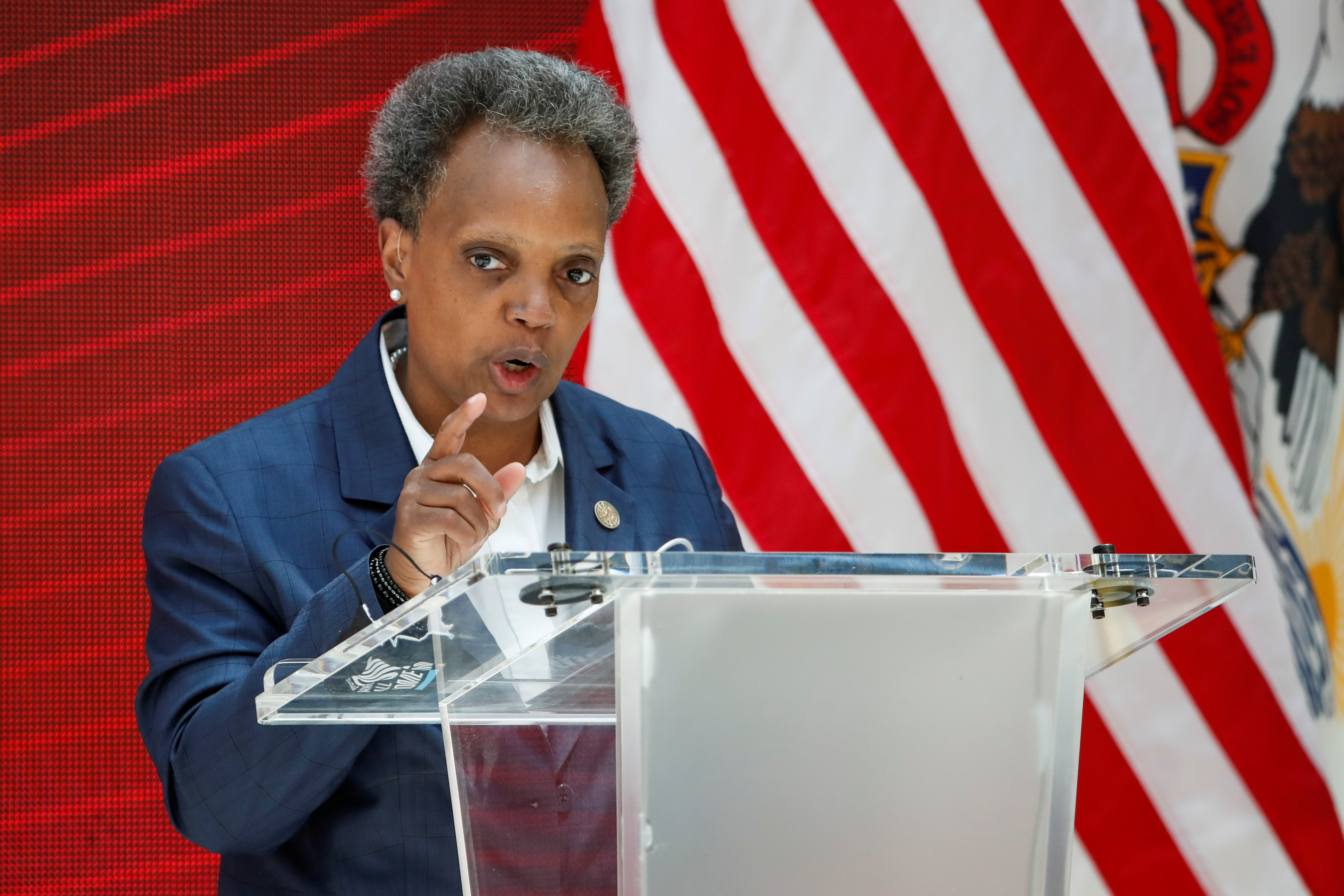 Chicago Mayor Lori Lightfoot speaks before an audience