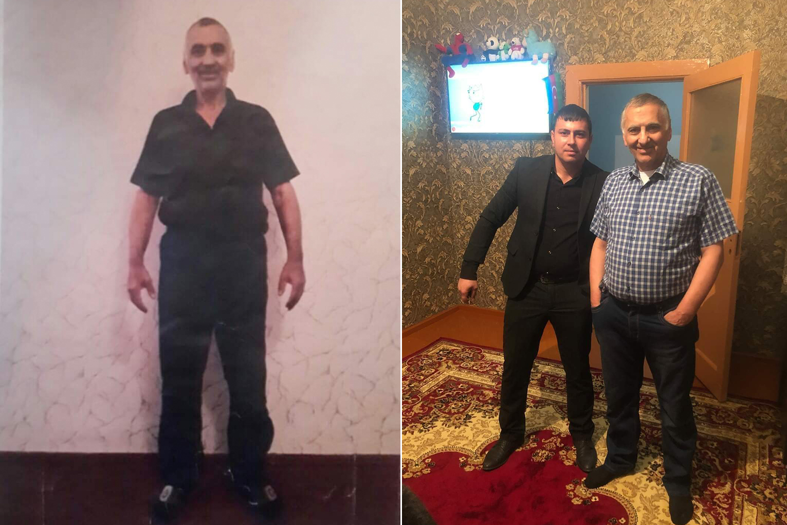 Left: Asgarov pictured in prison, where he lost weight and alleges he was tortured. Right: Asgarov back at home with his son, Kurdoqlu, in Shamkir [Courtesy: Dilgam Asgarov]