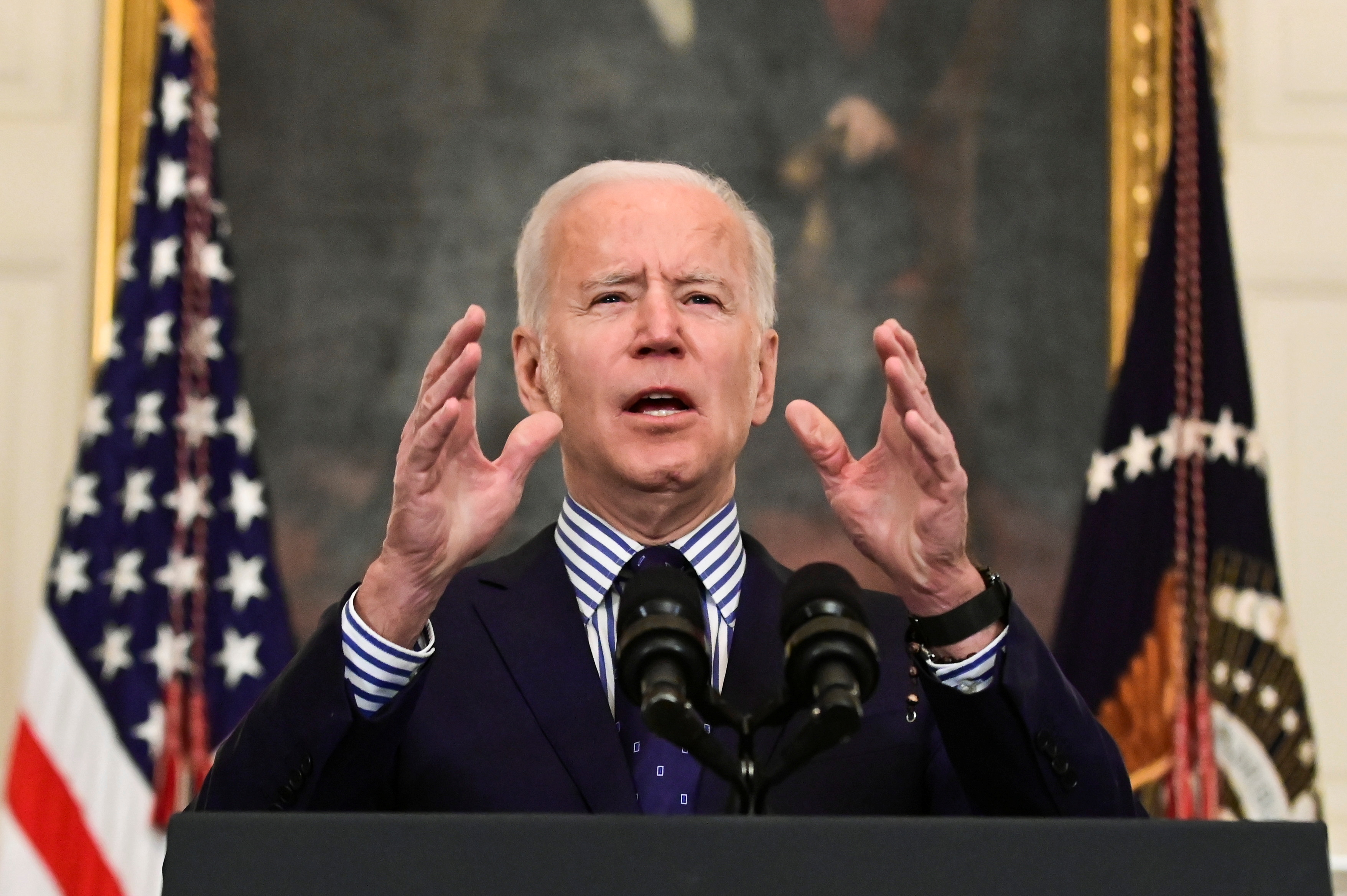 US President Joe Biden makes remarks from the White House after his coronavirus pandemic relief legislation passed in the Senate, in Washington, US March 6, 2021 [Erin Scott/Reuters]