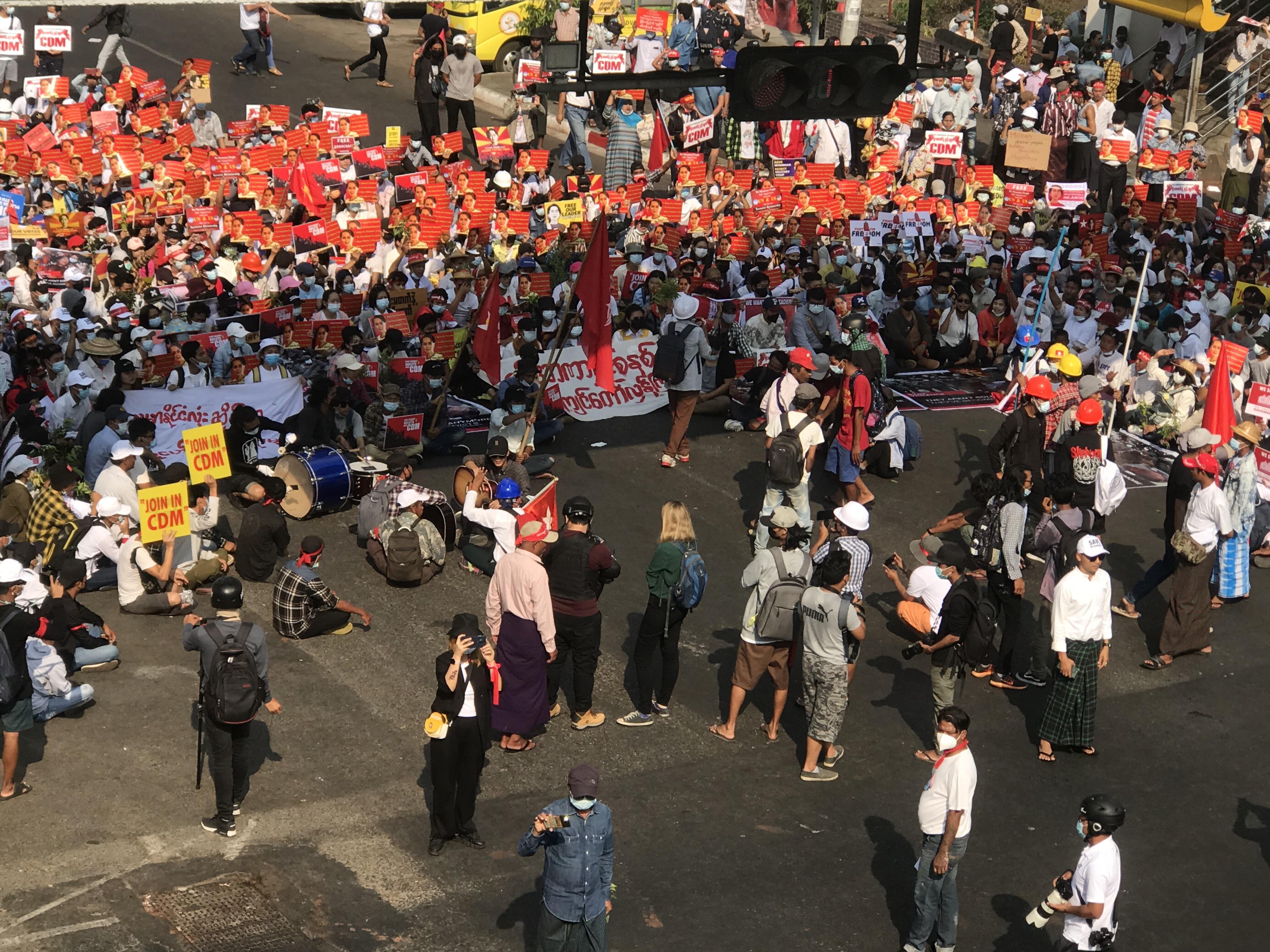 Ali Fowle covers a protest at Sule Pagoda, Yangon on February 22, 2021 - known as the 22222 Revolution [Photo courtesy of Ali Fowle]
