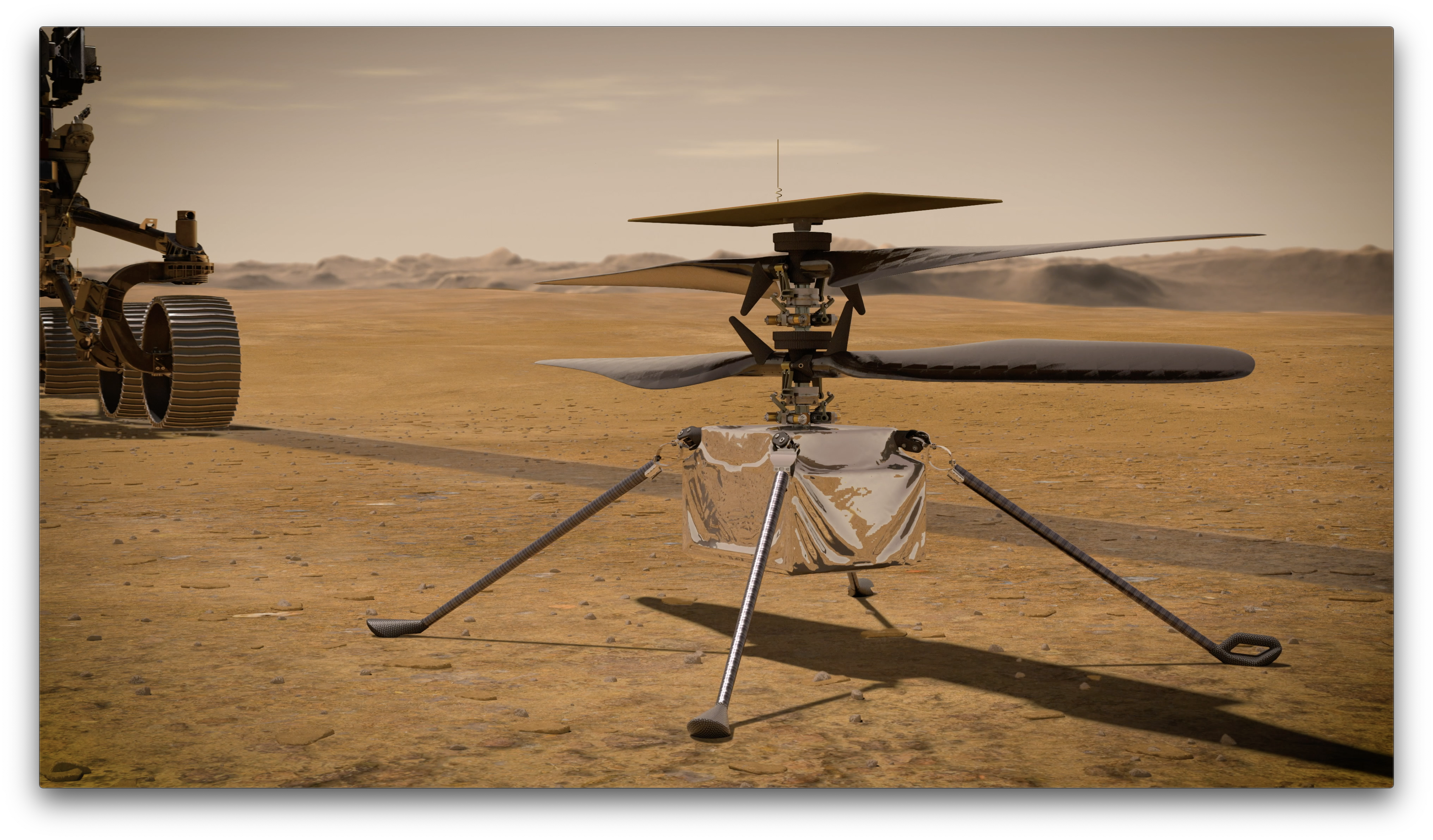 In this artist's rendition, NASA's Ingenuity Mars helicopter stands on the Red Planet's surface as NASA's Mars 2020 Perseverance rover (partially visible on the left) rolls away [Courtesy of NASA]