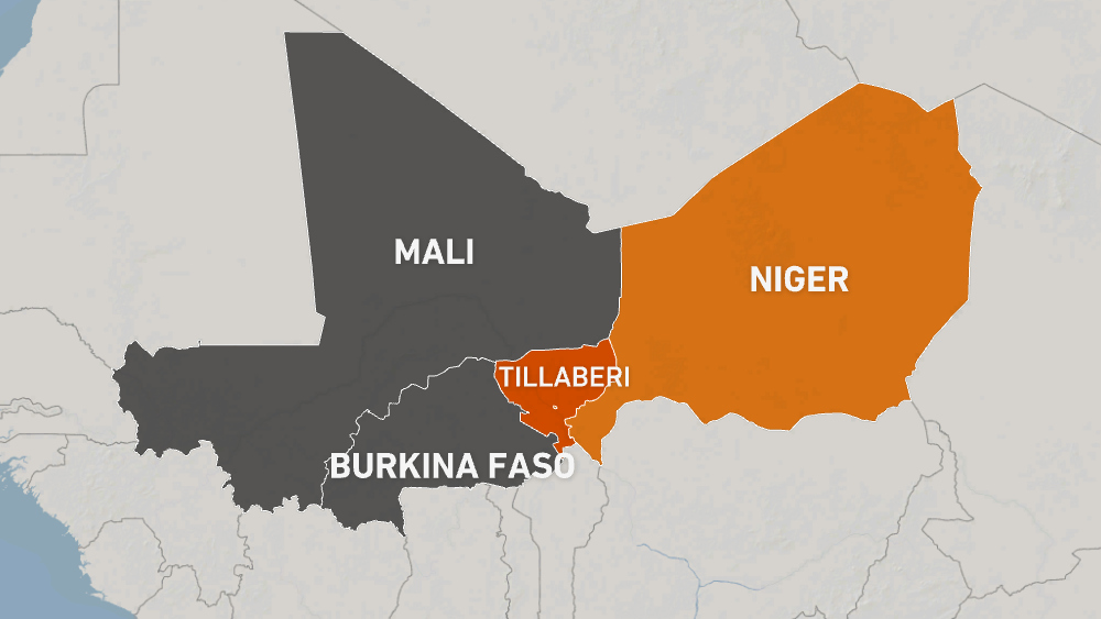 Niger map showing Tillaberi, Mali and Burkina Faso