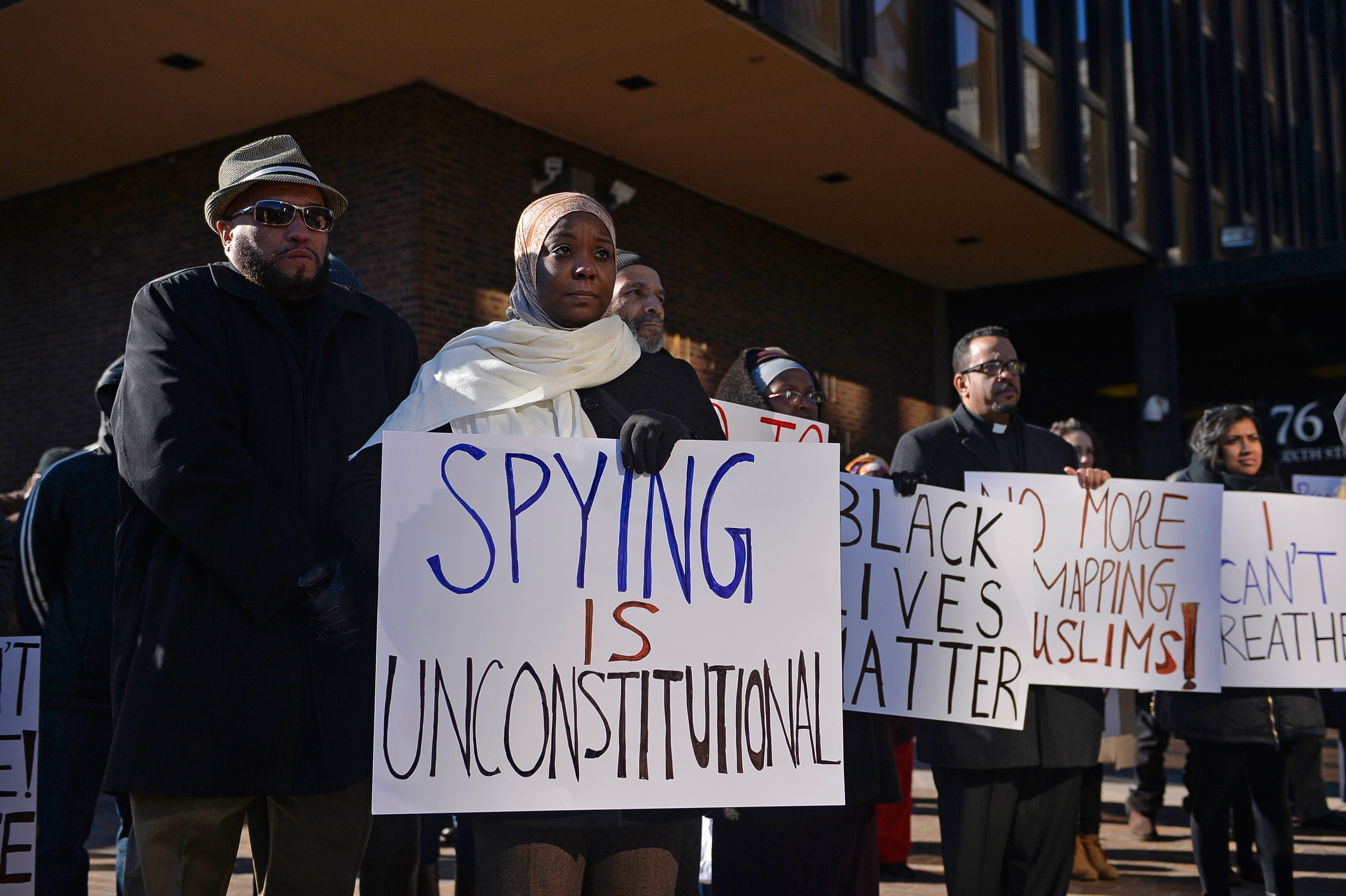 People participate in a rally for Muslim rights outside of the James A Byrne Federal Courthouse in Philadelphia January 13, 2015 [Charles Mostoller/Reuters]