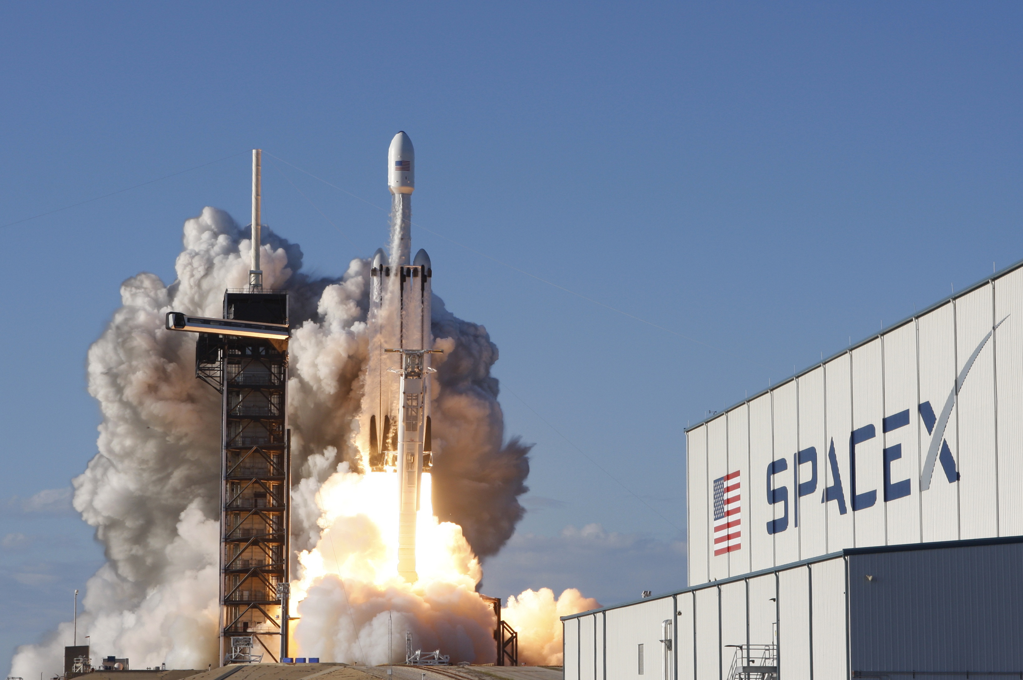 A SpaceX Falcon Heavy rocket, carrying the Arabsat 6A communications satellite, lifts off from the Kennedy Space Center in Cape Canaveral, Florida in 2019 [File: Thom Baur/Reuters]