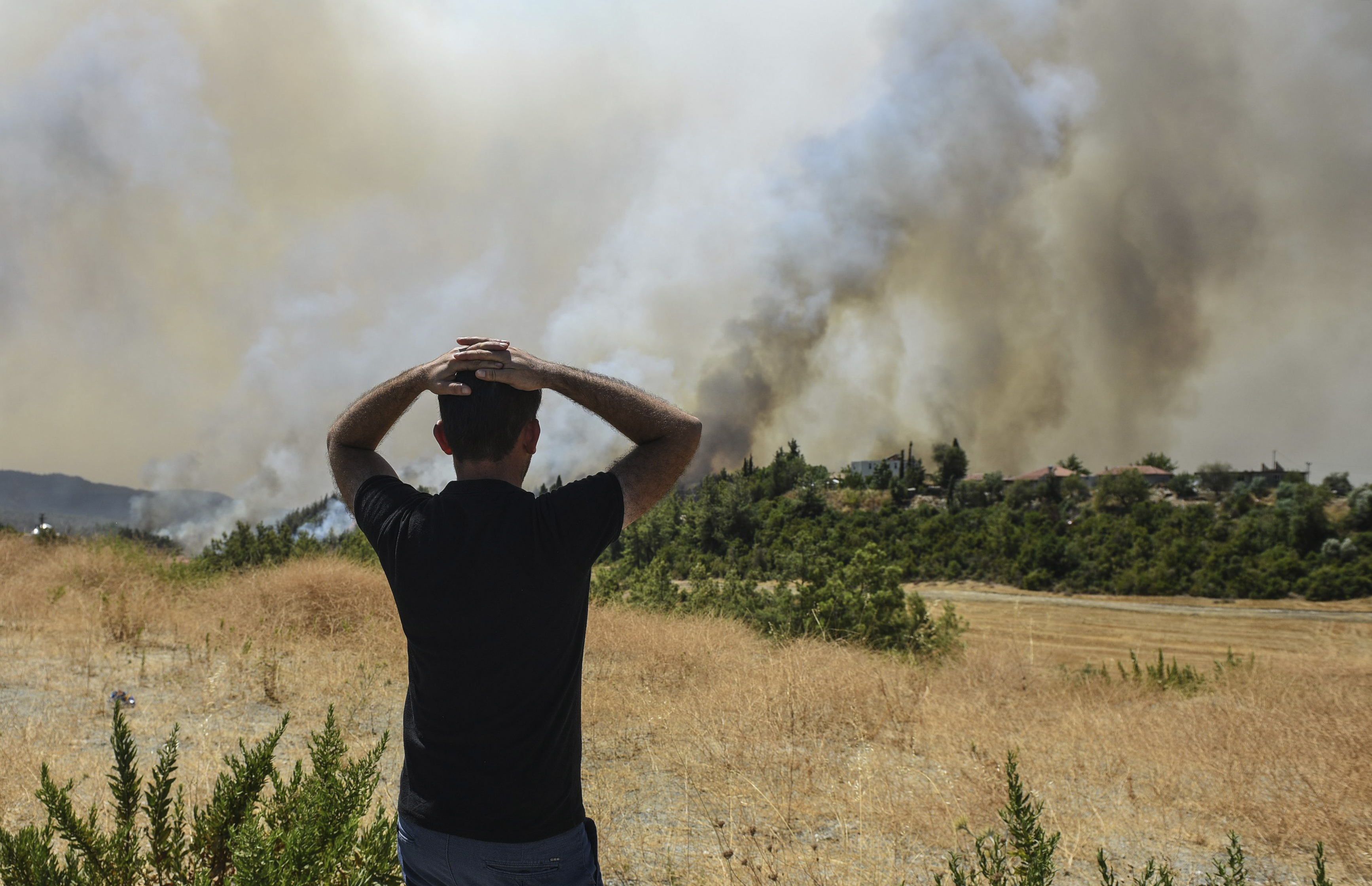 A man watches wildfires in Kacarlar village near the Mediterranean coastal town of Manavgat, Antalya, Turkey, on Saturday, July 31, 2021 [AP Photo]