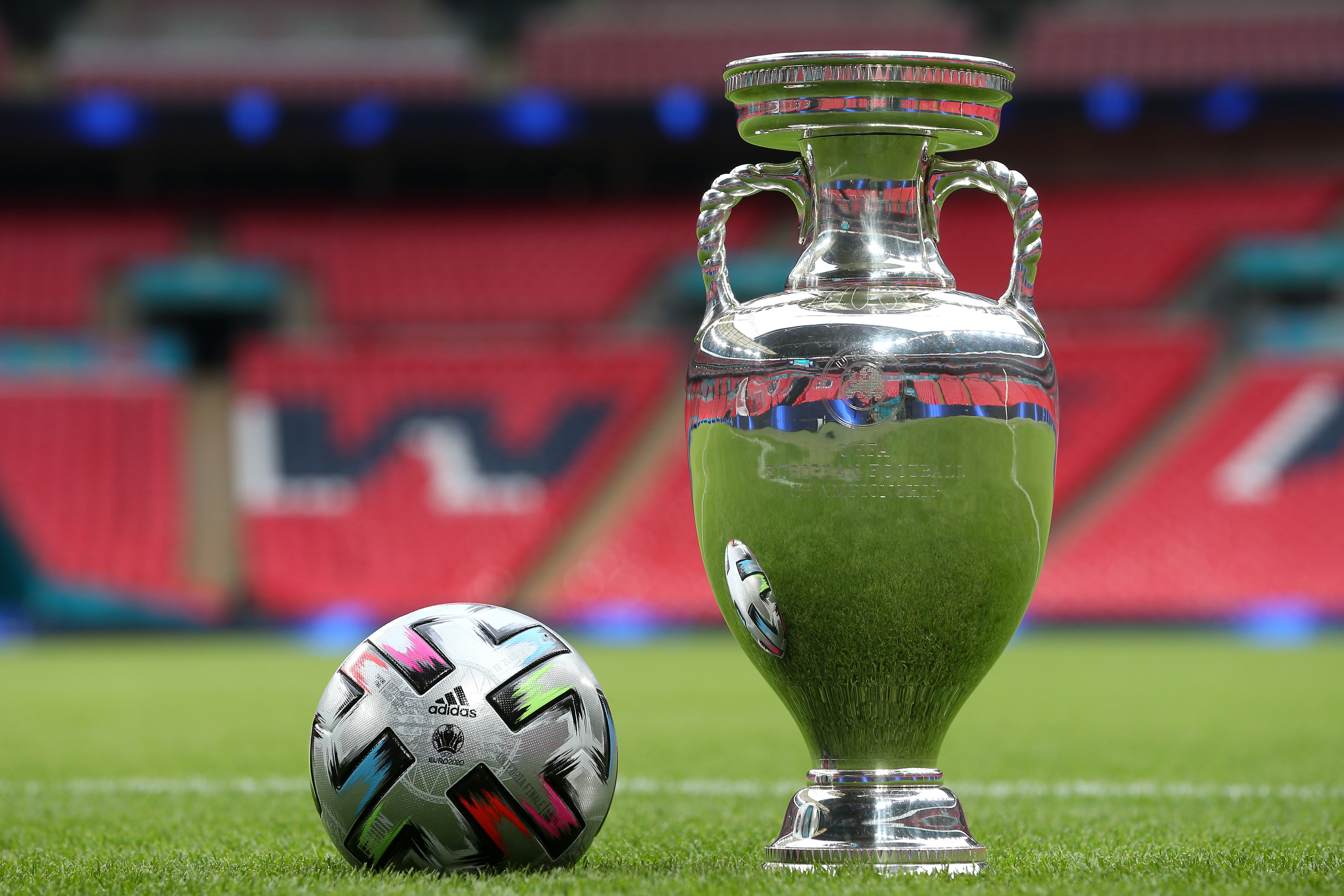 The Henri Delaunay Trophy alongside the Adidas Uniforia Finale match ball ahead of the UEFA Euro 2020 Championship final between Italy and England at Wembley Stadium. [Alex Morton/UEFA via Getty Images]