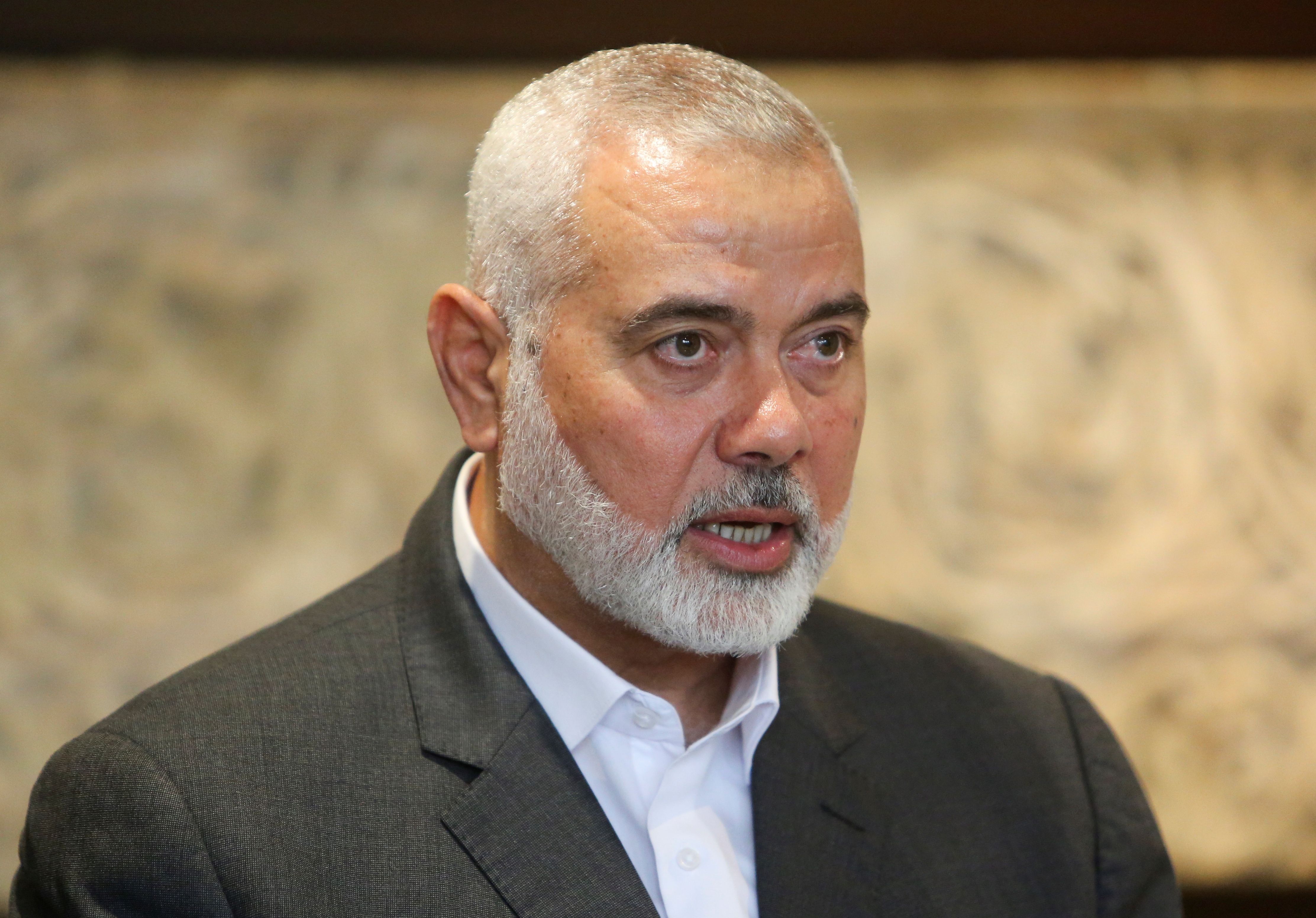 Palestinian group Hamas' top leader, Ismail Haniyeh talks after meeting with Lebanese Parliament Speaker Nabih Berri in Beirut, Lebanon June 28, 2021. REUTERS/Aziz Taher