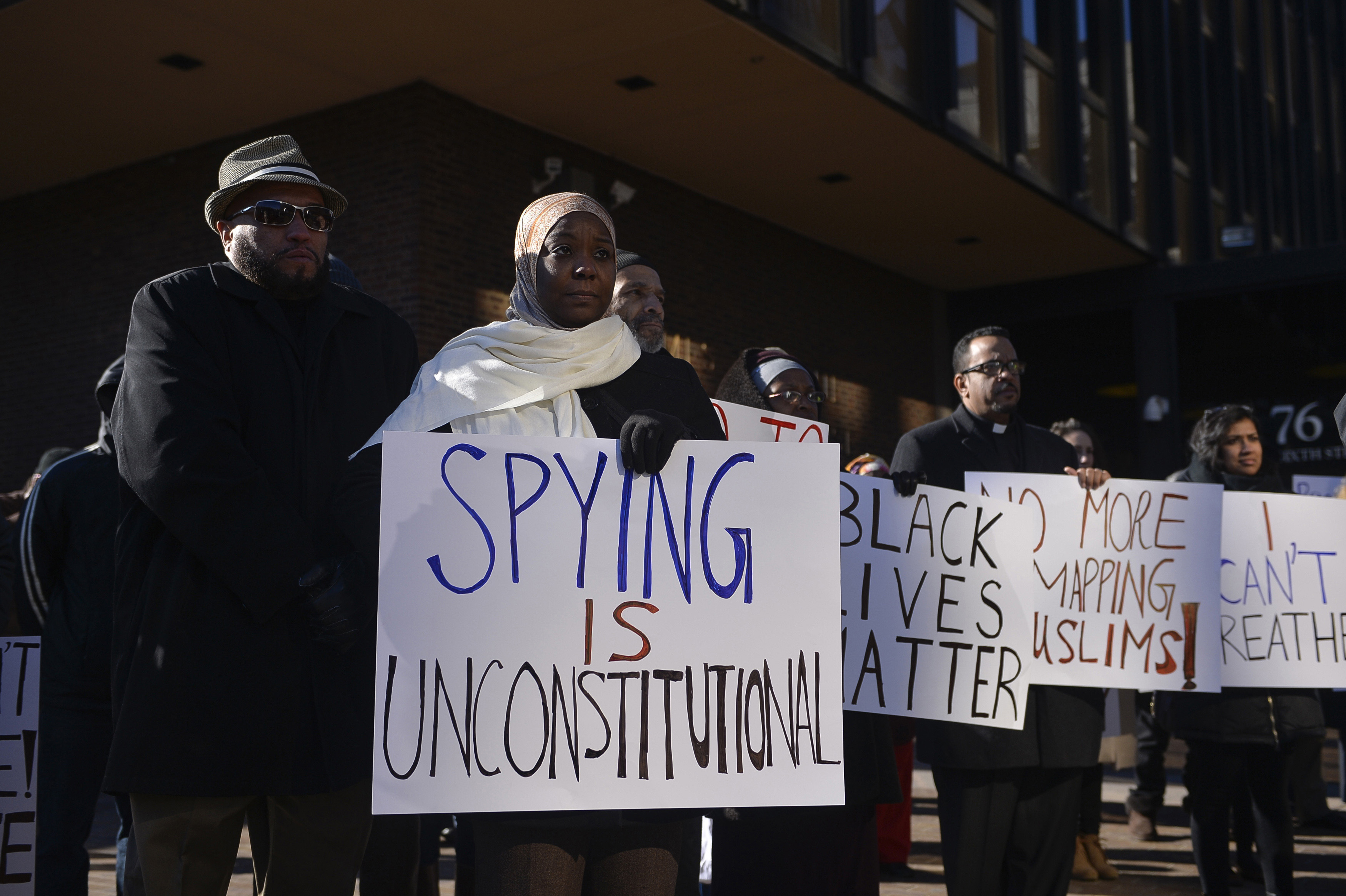 People participate in a Philadelphia rally for Muslim rights following an appeal hearing seeking to overturn the dismissal of Hassan v City of New York, a case that challenged the NYPD's blanket surveillance of Muslims in New Jersey on January 13, 2015 [File: Charles Mostoller/Reuters]