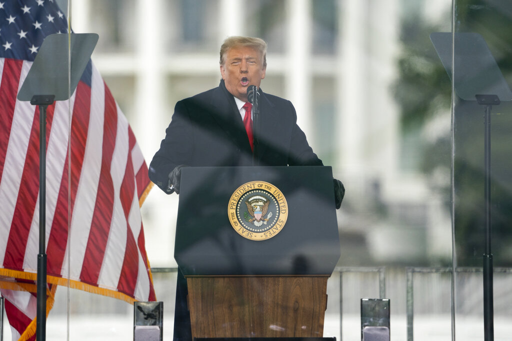 President Donald Trump speaks during a rally protesting the electoral college certification of Joe Biden as President in Washington on January 6.