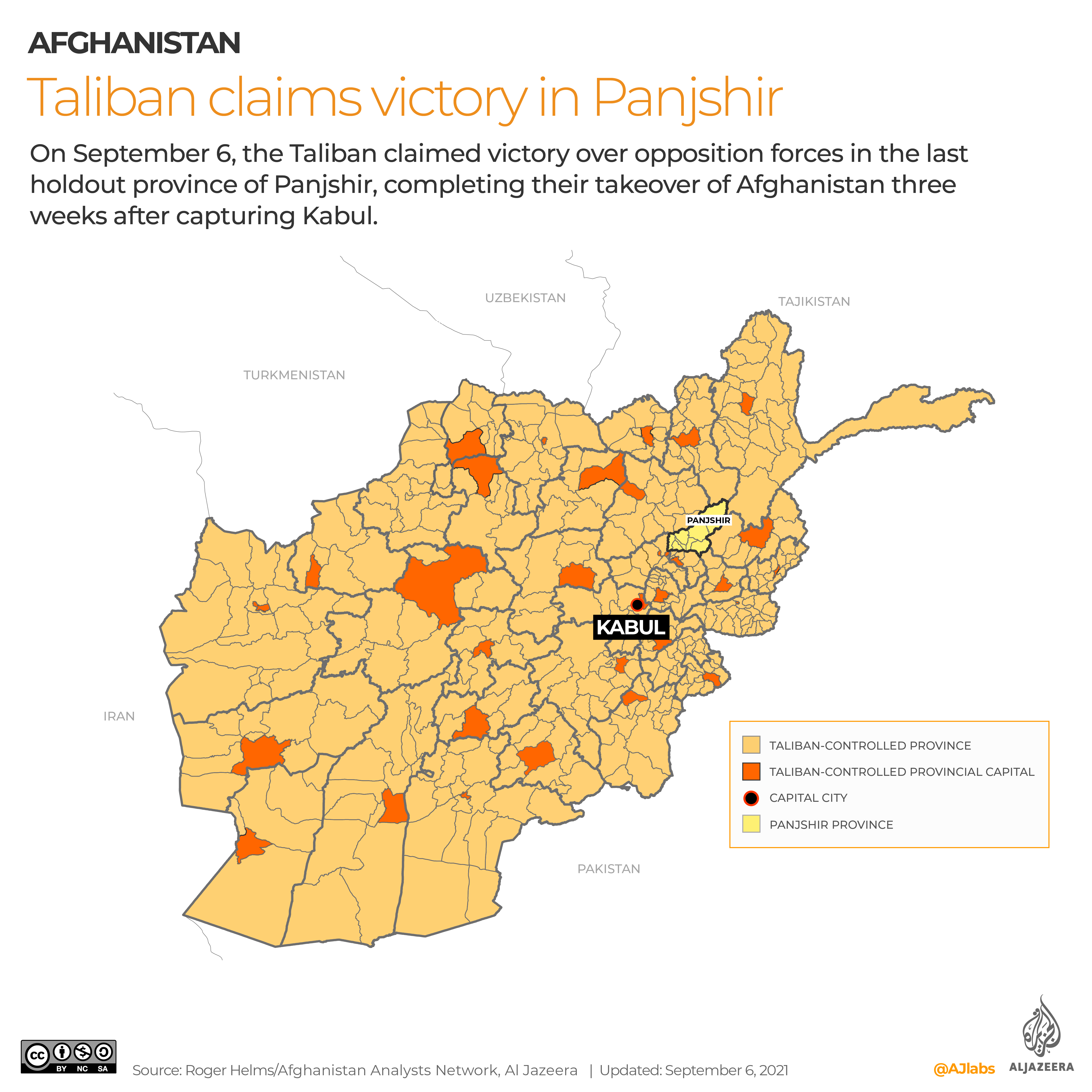 An overview of the Taliban's control of Afghanistan. The map which was once in several different shades of color to denote Taliban held areas and government areas, is now a single color. With the capture of Panjshir province, the the map is now complete.