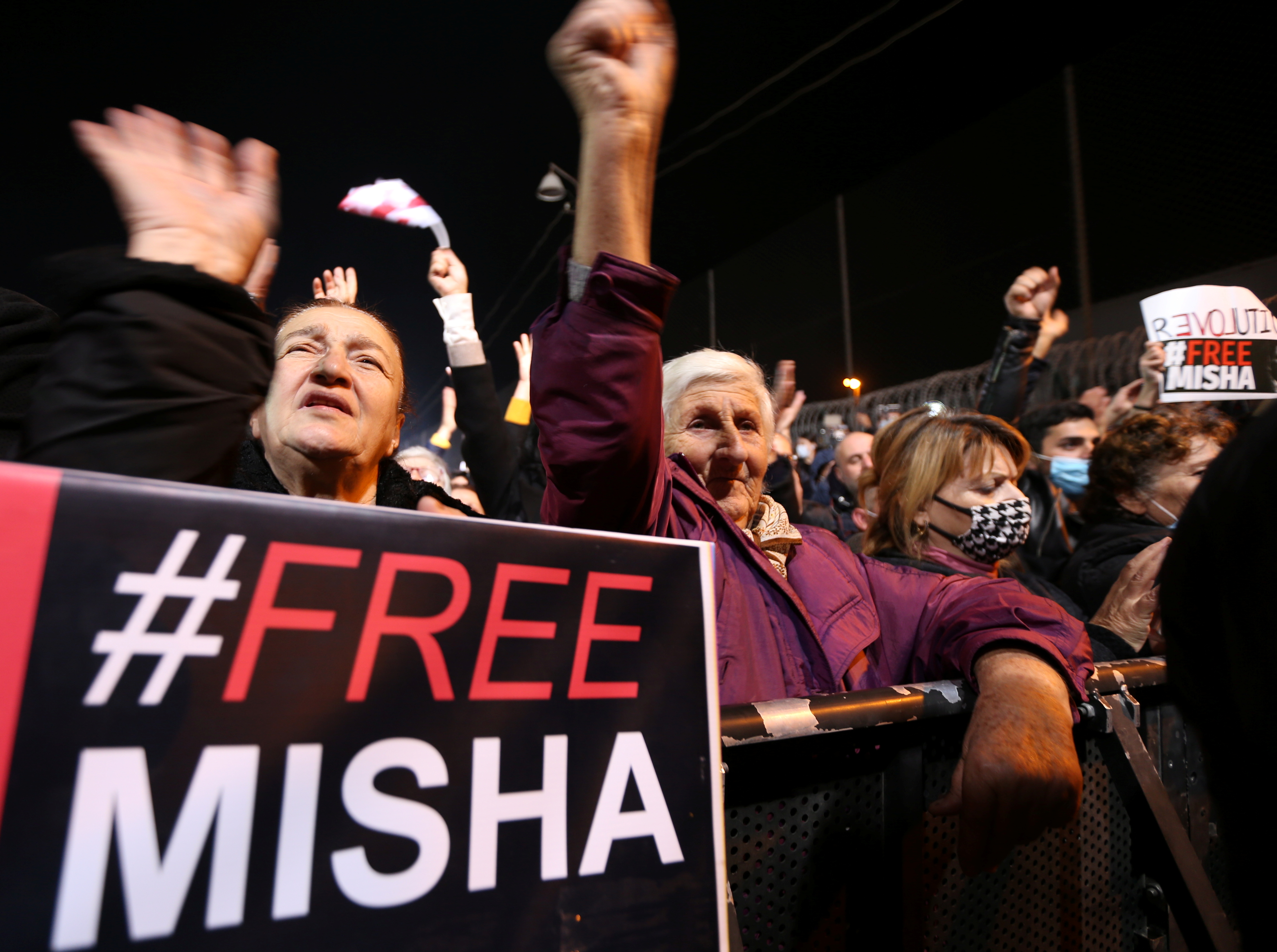 Saakashvili supporters hold #freemisha banner in Tbilisi