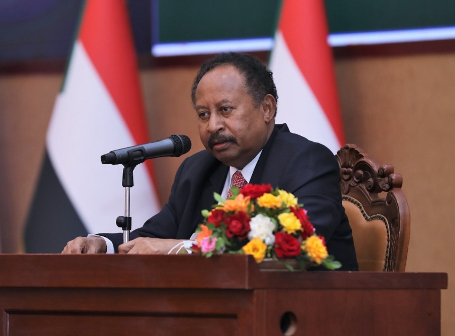 Sudan’s ousted Prime Minister Abdalla Hamdok makes an address.