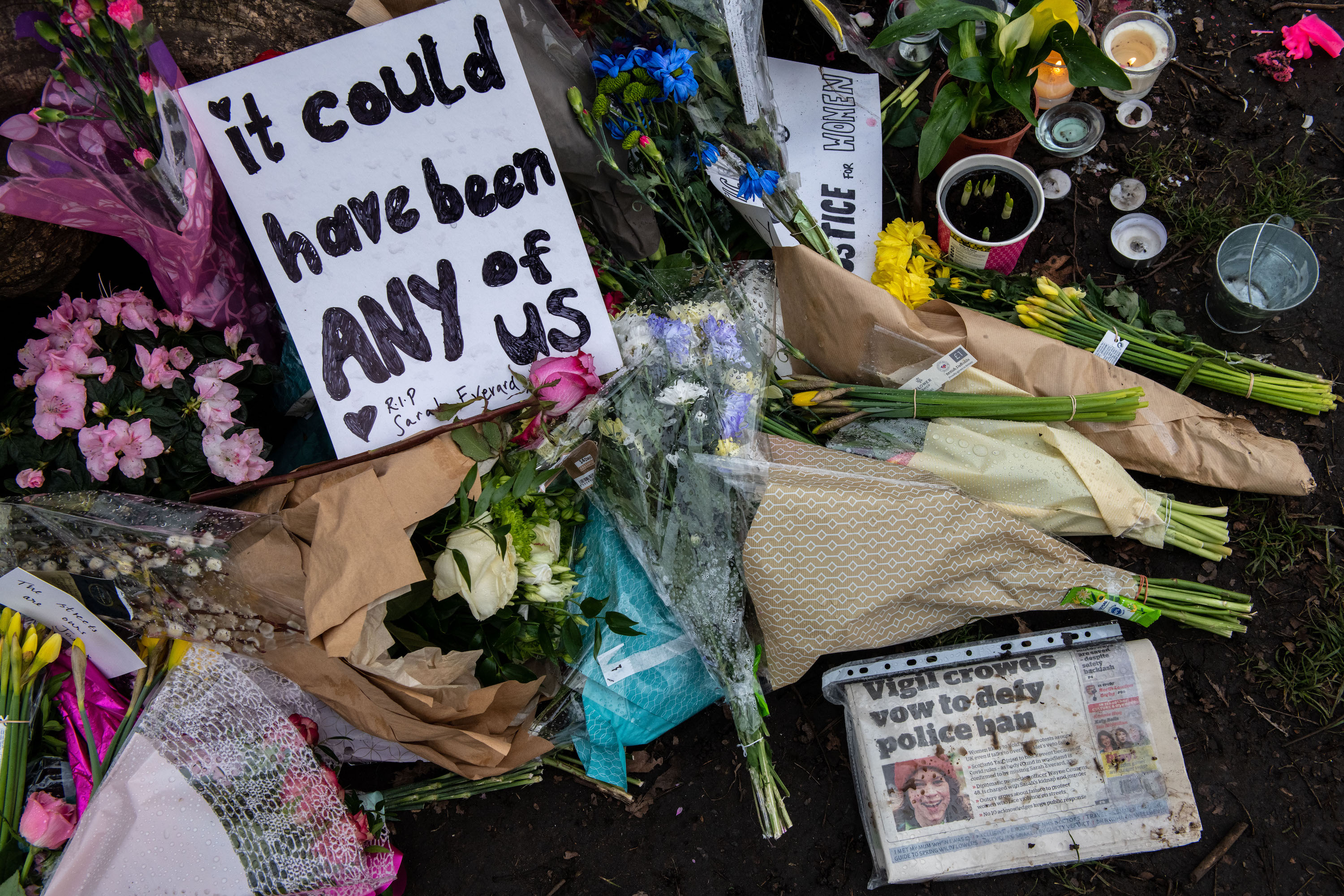 Floral tributes left at Clapham Common bandstand where people continue to pay their respects to Sarah Everard on March 16, 2021 in London, England. [Chris J Ratcliffe/Getty Images]