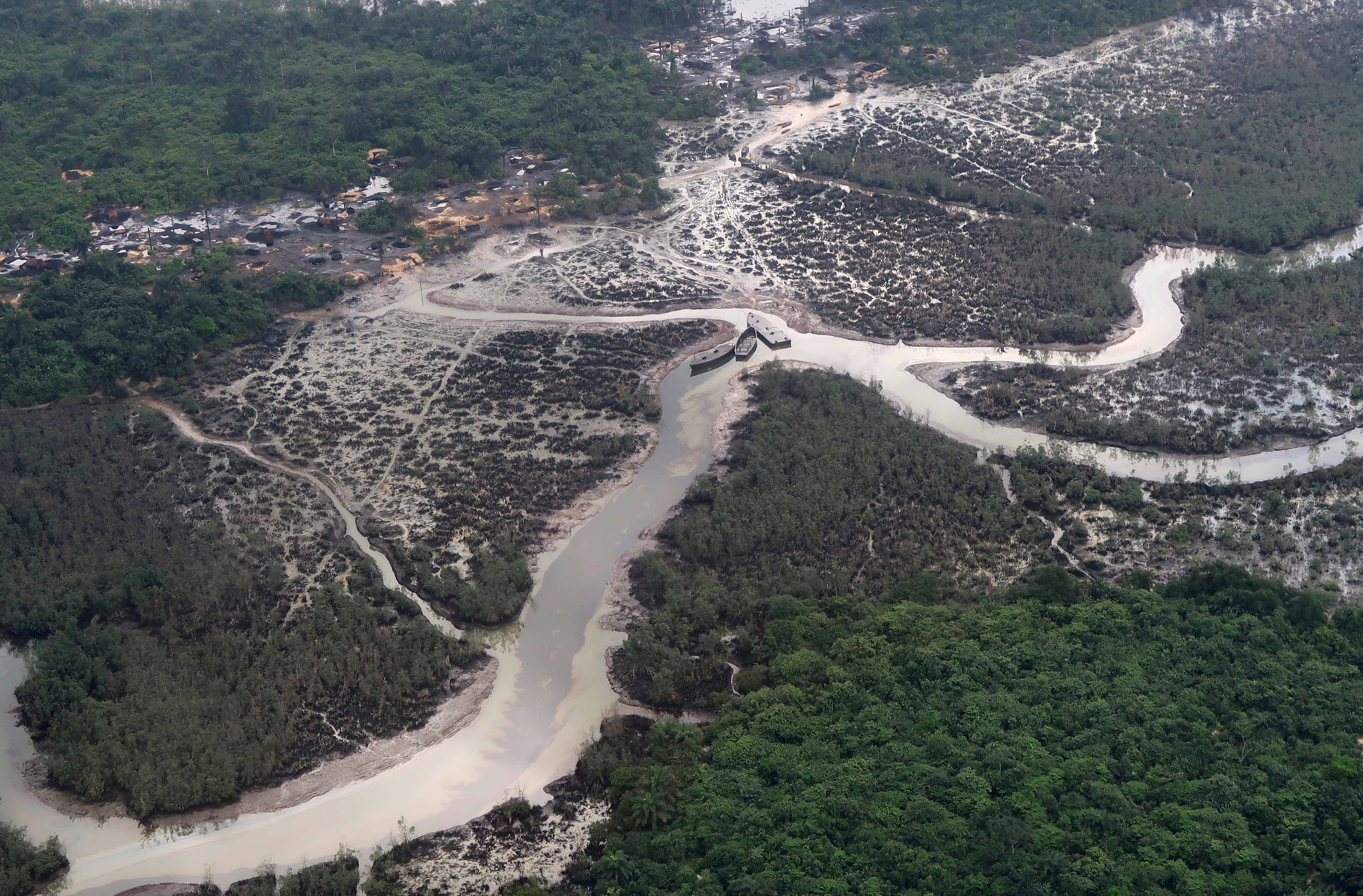 An overview of the Niger Delta where signs of oil spills can be seen in the water in Port Harcourt, Nigeria August 1, 2018