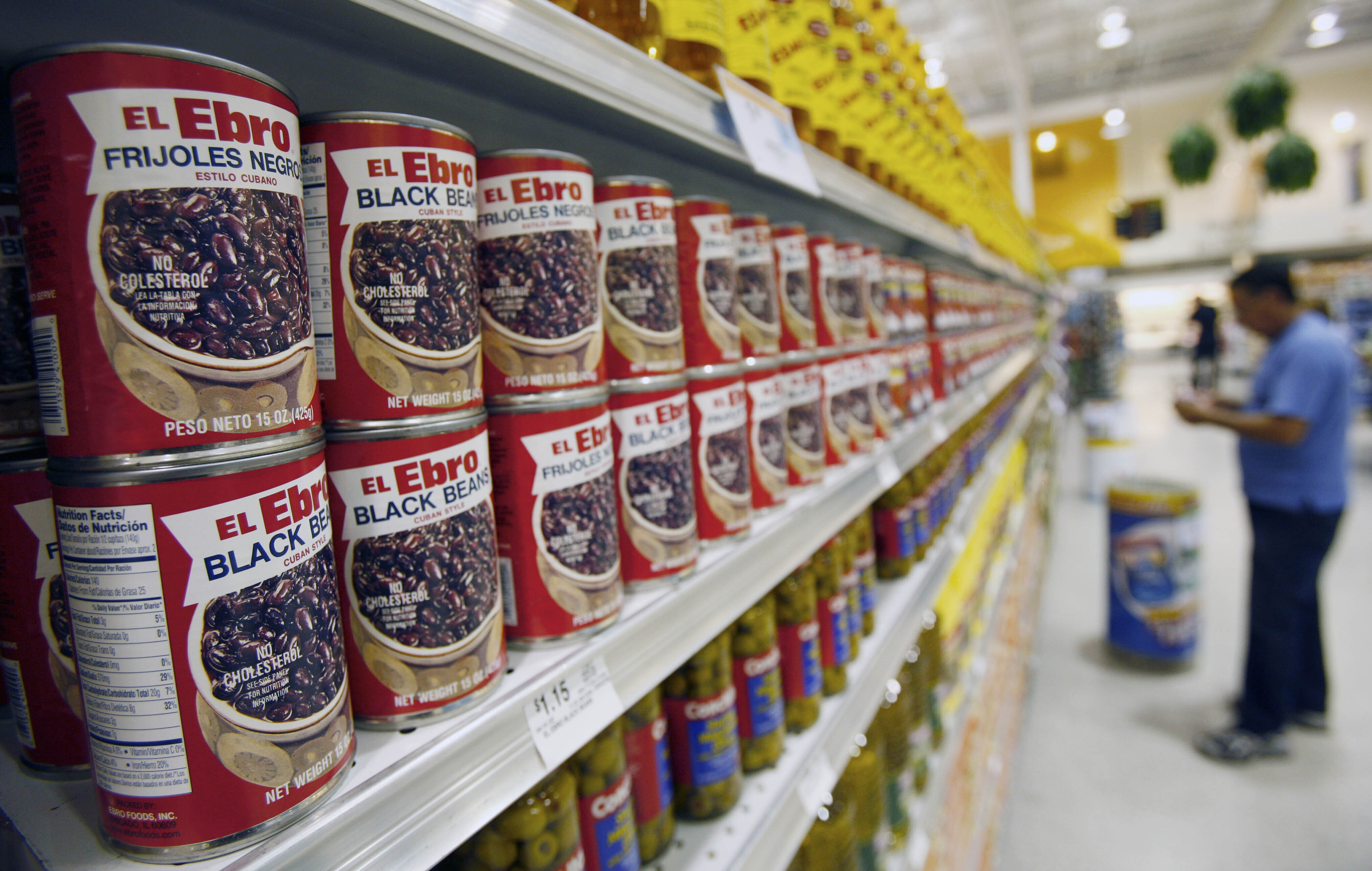 Shelves stacked with typical Latin foods and ingredients such as black beans "Cuban Style" at a Publix Sabor store in Hialeah, Florida, United States