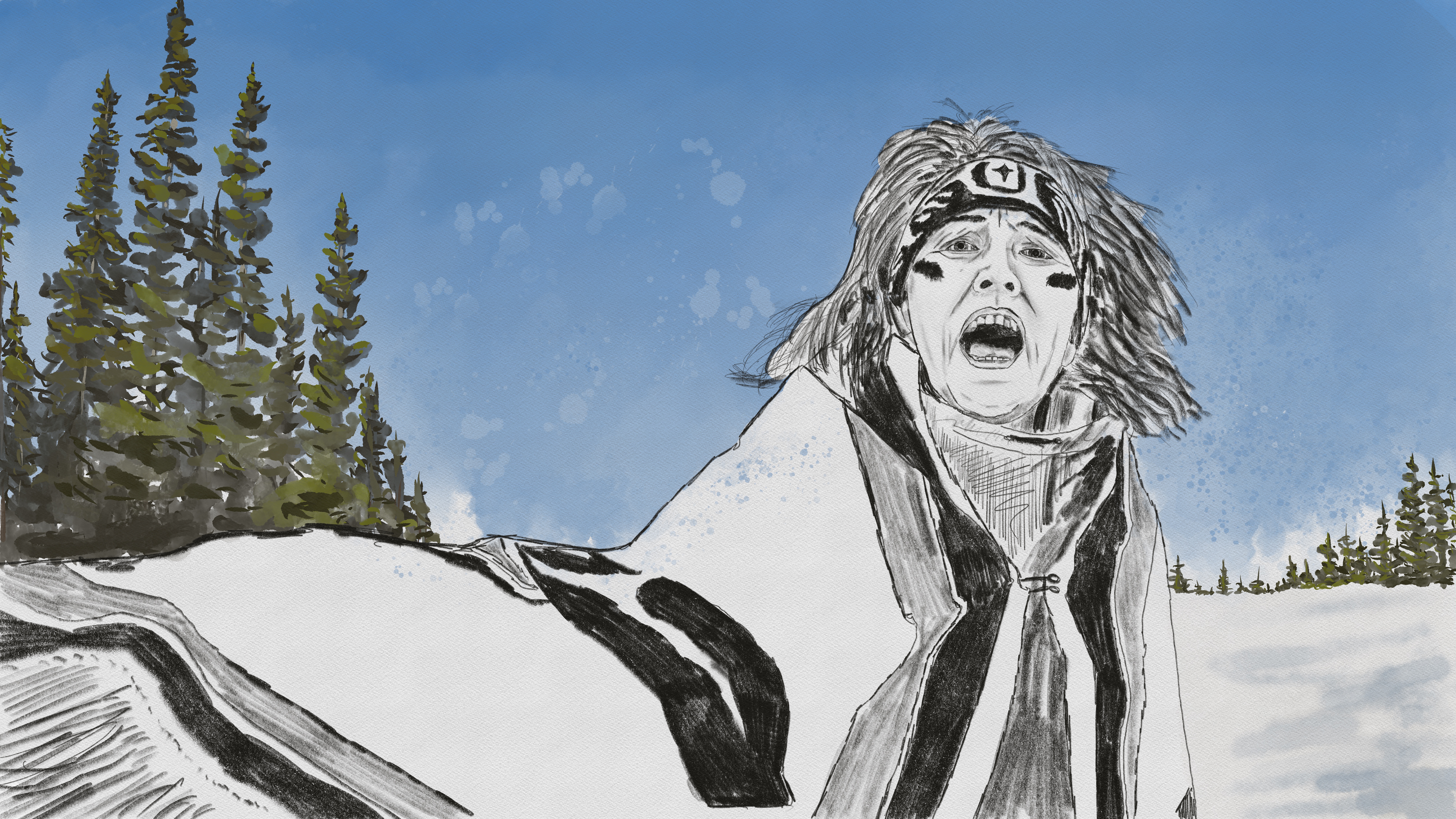 An illustration shows Wet'suwet'en matriarch and land defender Freda Huson singing in ceremony.