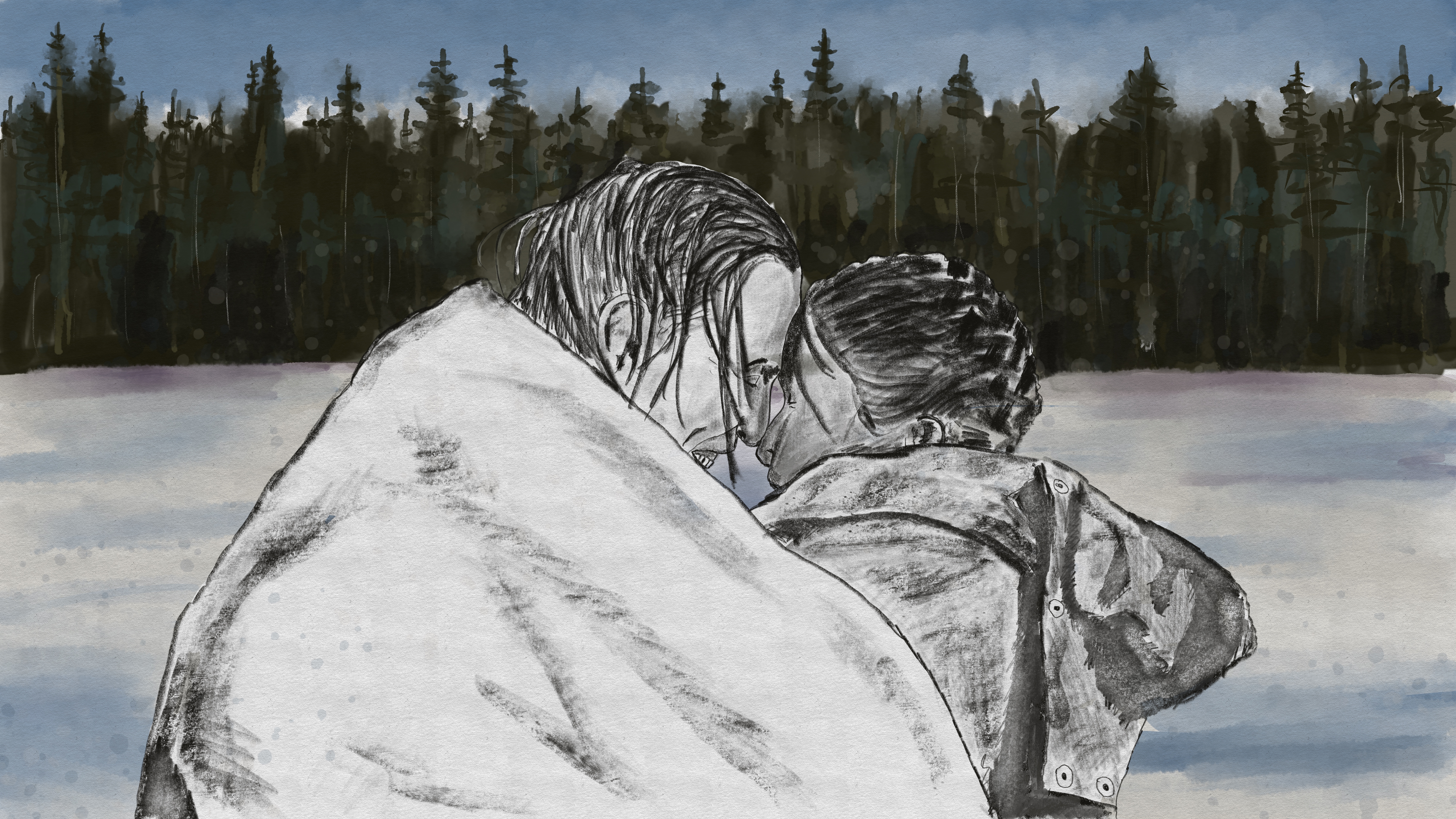 An illustration shows land defender Jocey Alec being hugged by her partner, their foreheads pressed together, as he holds a blanket around them both. There is snow on the ground and tall fir trees behind them.