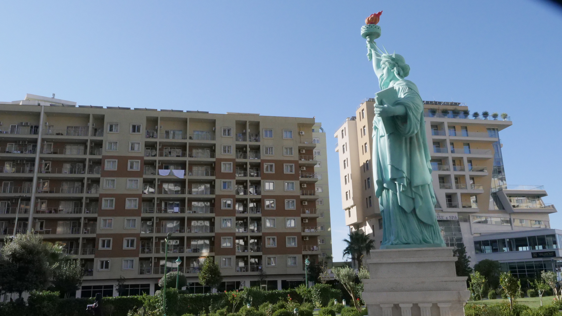 A replica of the Statue of Liberty in Shengjin, an Albanian tourist resort town that has become a temporary home to Afghan refugees trying to reach Canada and the US [Amanda Coakley/Al Jazeera]