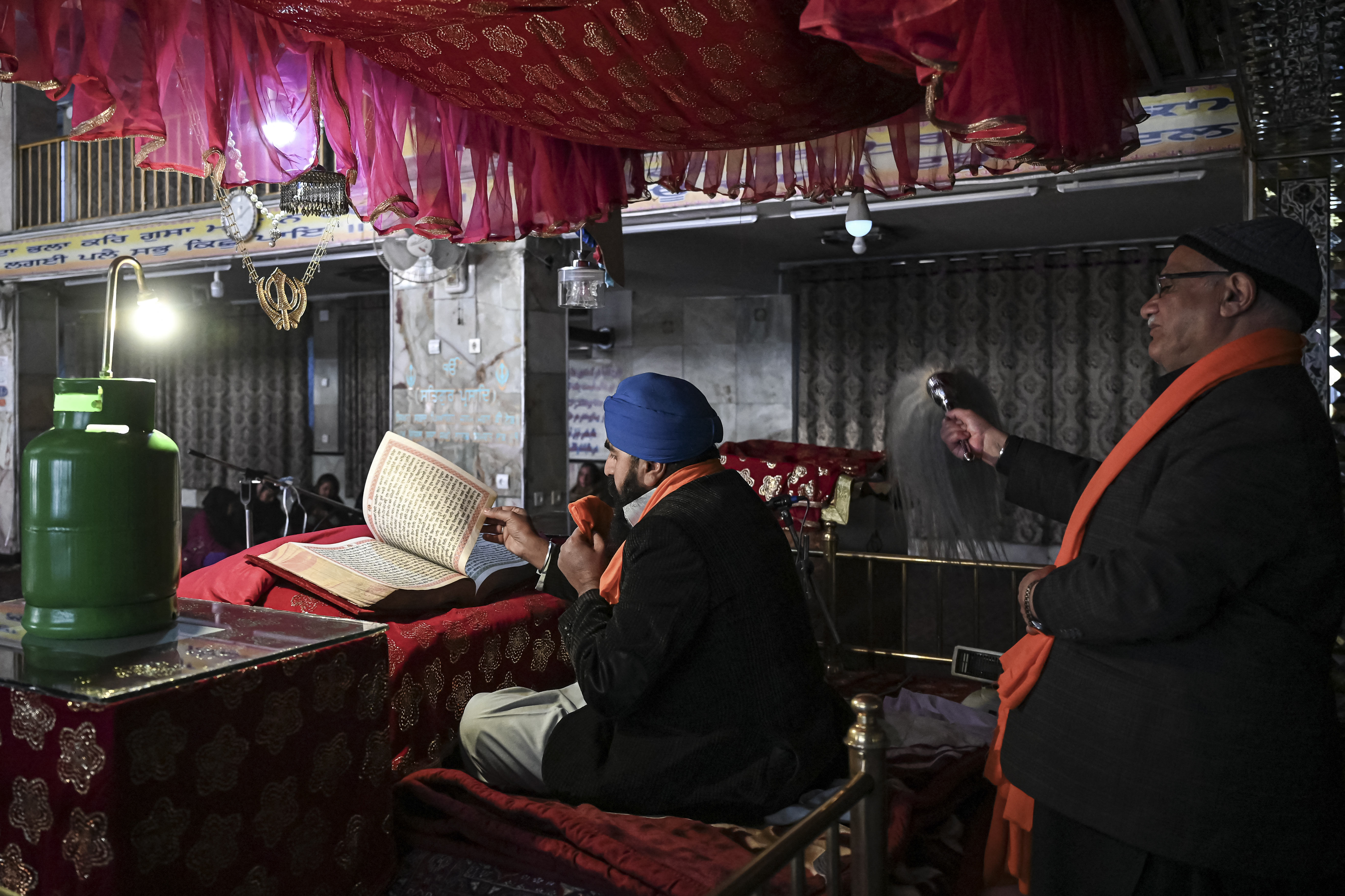 Afghan Sikh priest praying at the Karte Parwan Gurdwara temple in Kabul.