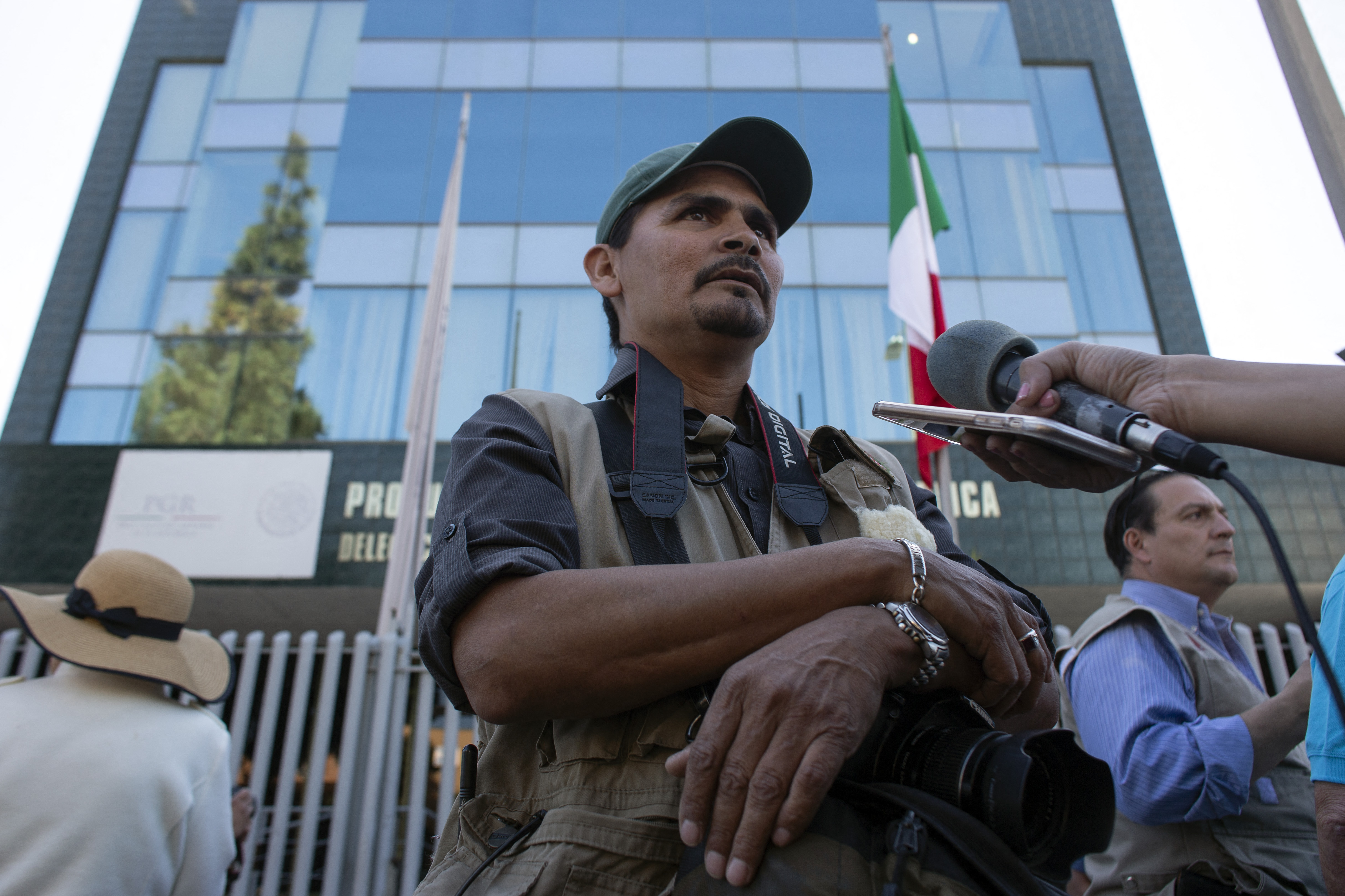 Mexican photojournalist Margarito Martinez is interviewed as journalists from Baja California State demonstrate against violence towards members of the press in Mexico.