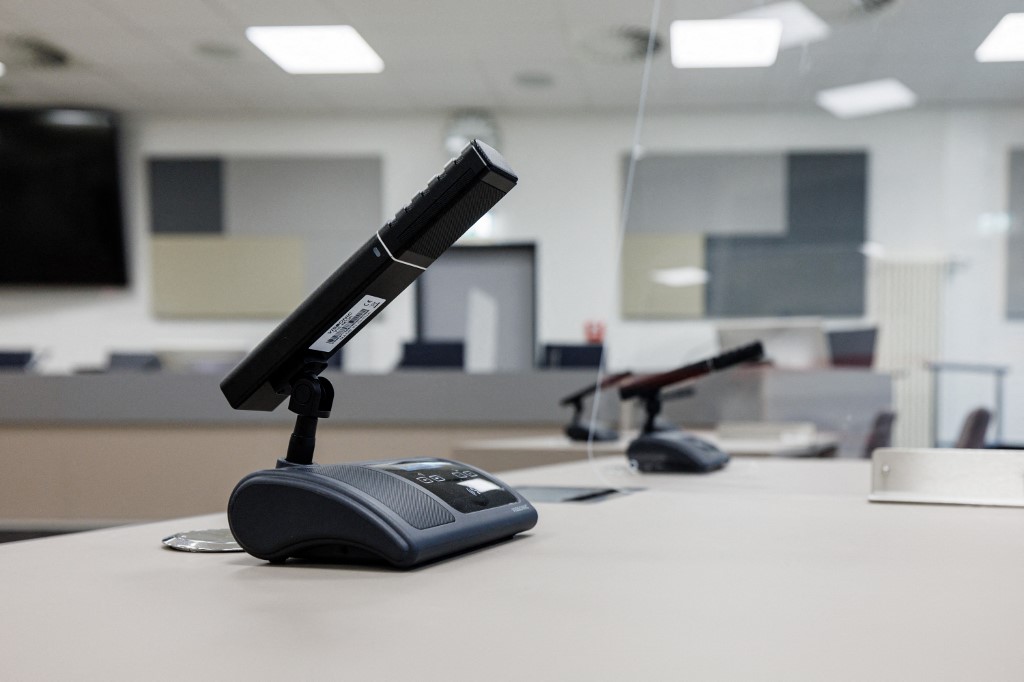 A microphone is seen inside the high-security courtroom of the District Court Halle