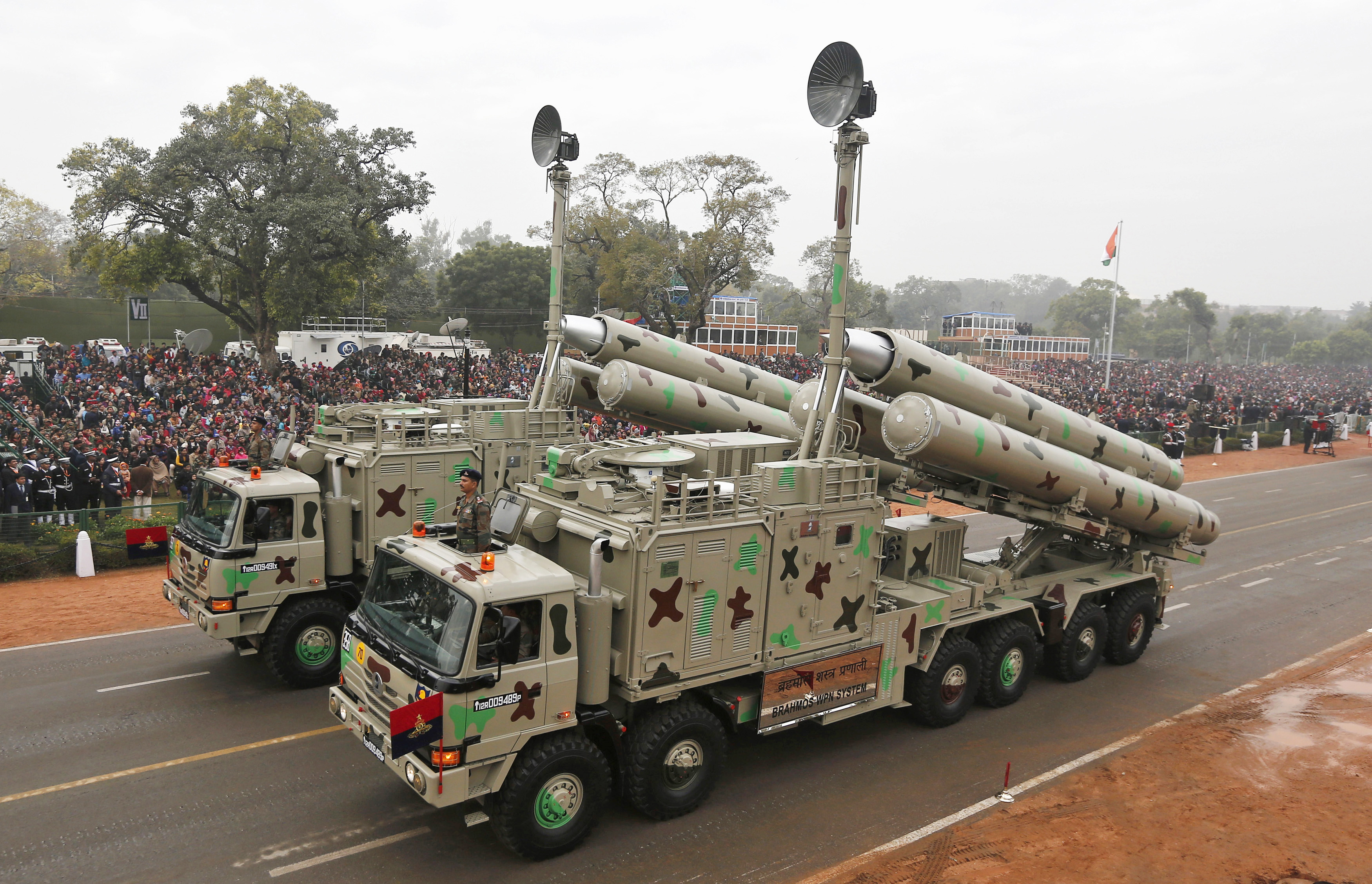 The Indian Army's BrahMos weapons system is displayed during a full dress rehearsal for the 2015 Republic Day parade in New Delhi.