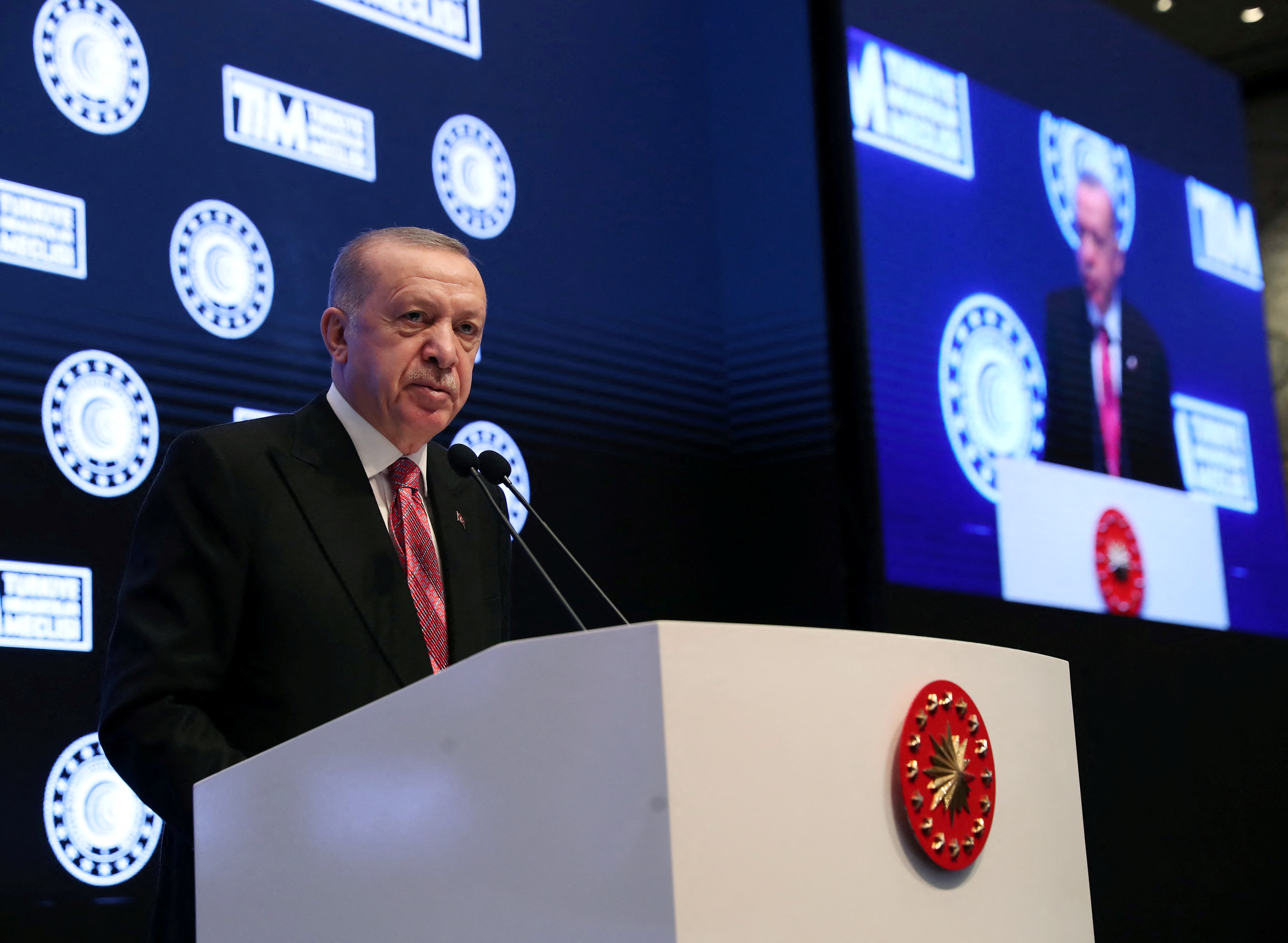 Turkey's President Recep Tayyip Erdogan is seen speaking at a podium