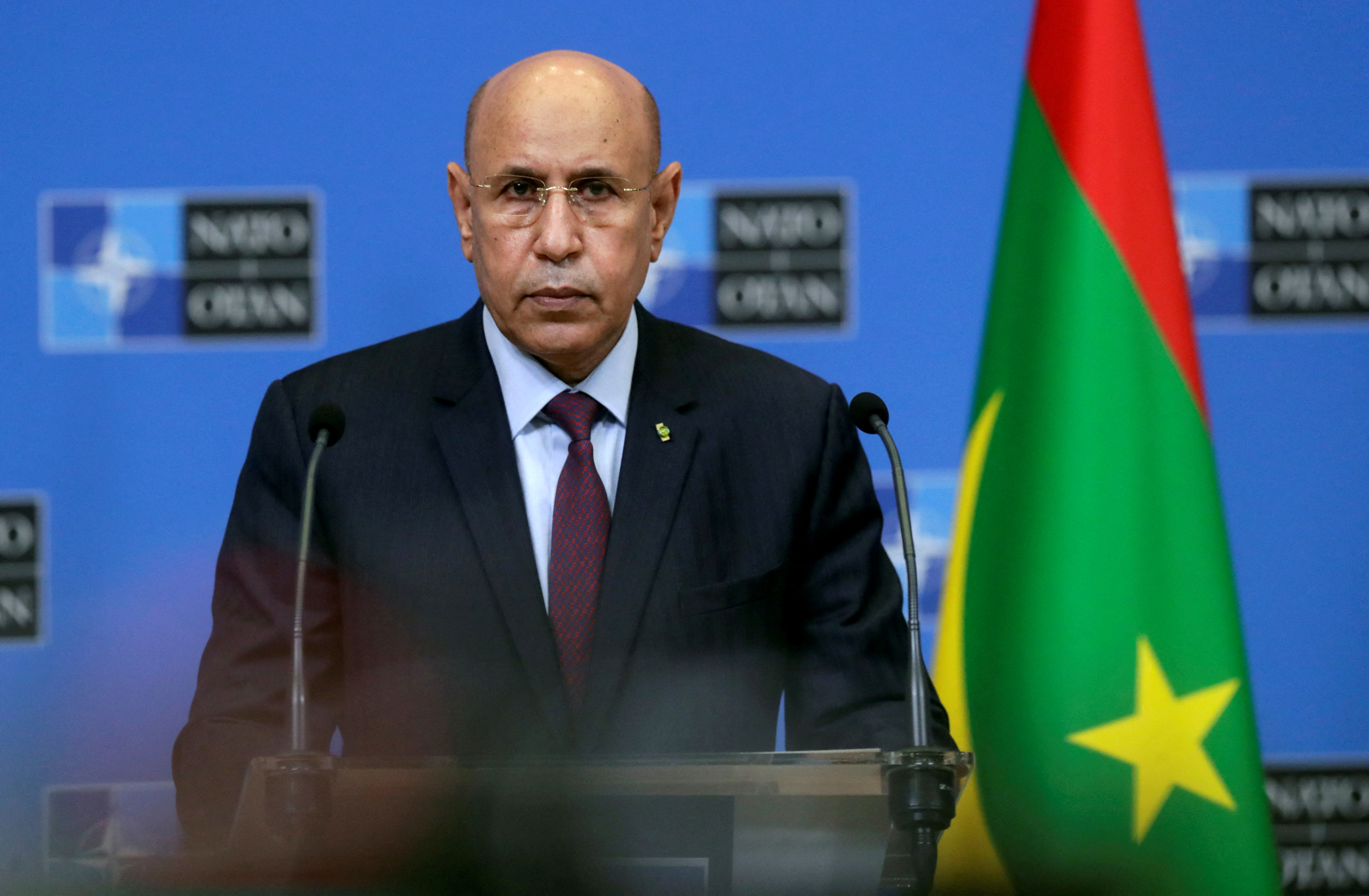 President of Mauritania Mohamed Ould El-Ghazouani gives a press briefing after a meeting with NATO Secretary General Jens Stoltenberg 