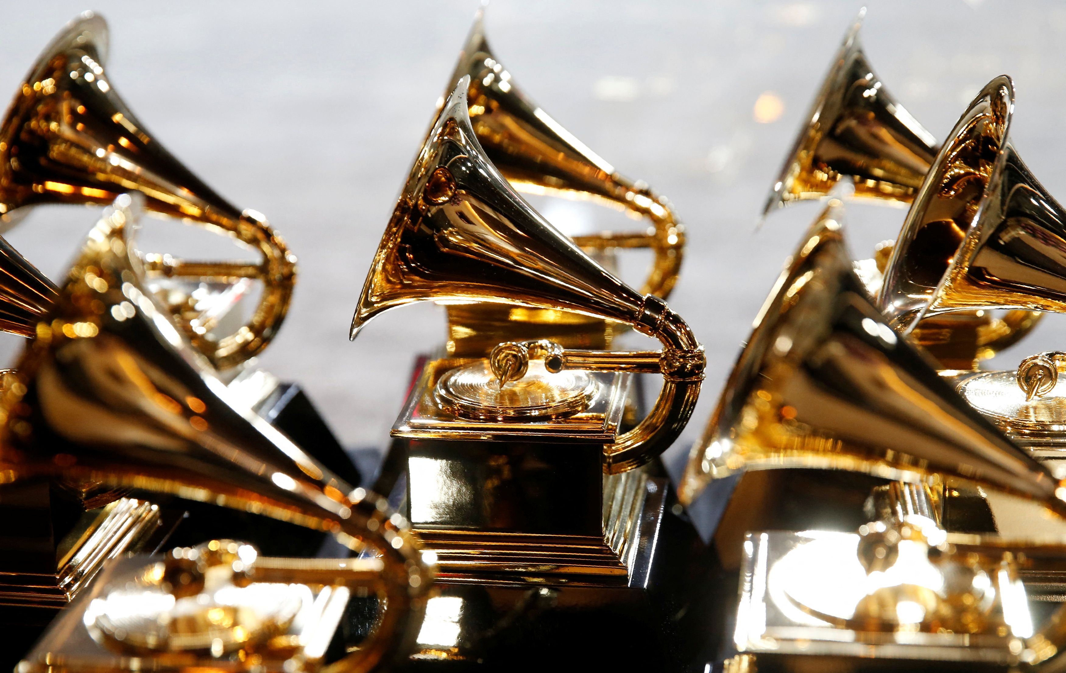 Grammy award statuettes are pictured