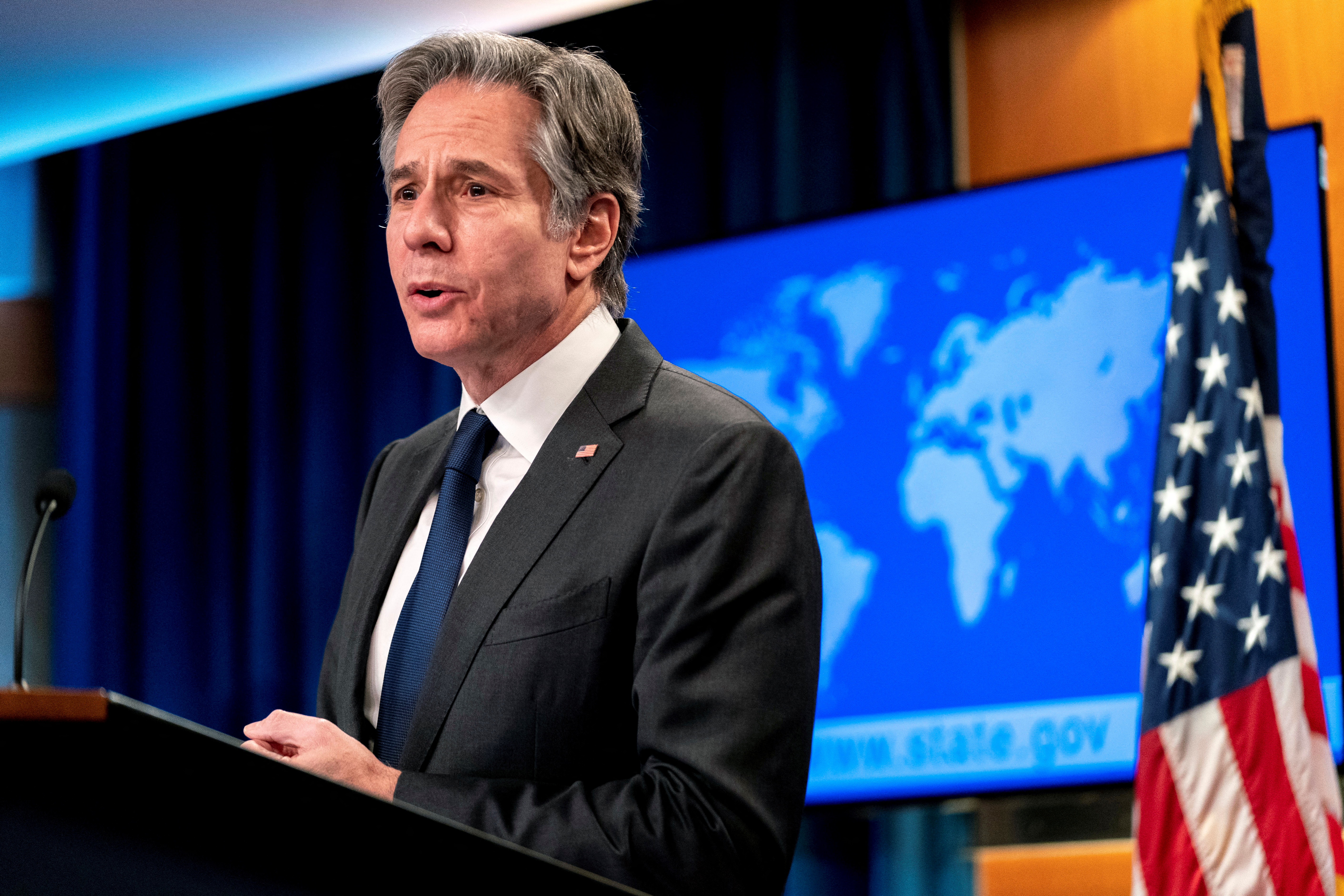 Antony Blinken speaking at the State Department