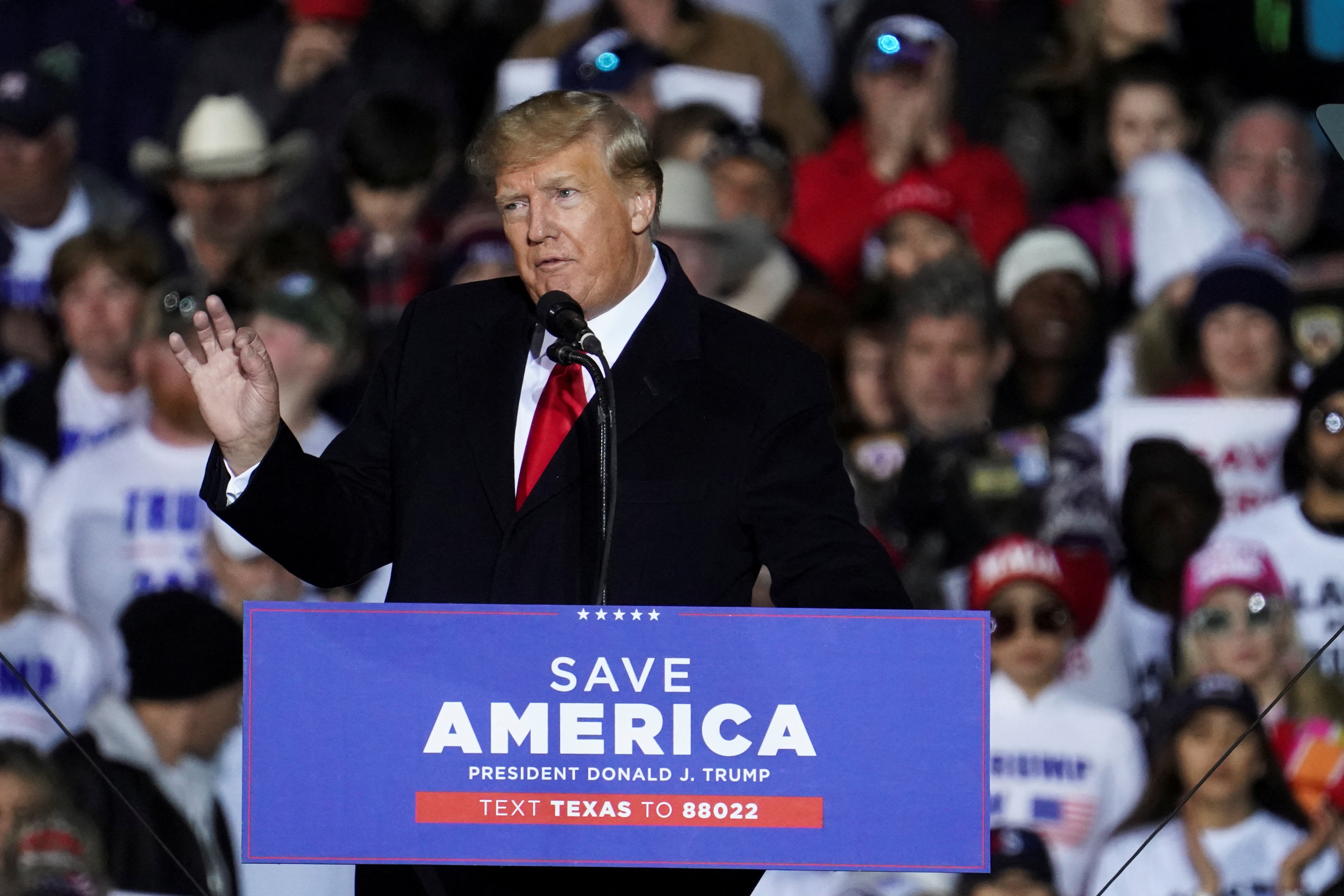 Former U.S. President Donald Trump speaks during a rally, in Conroe, Texas.