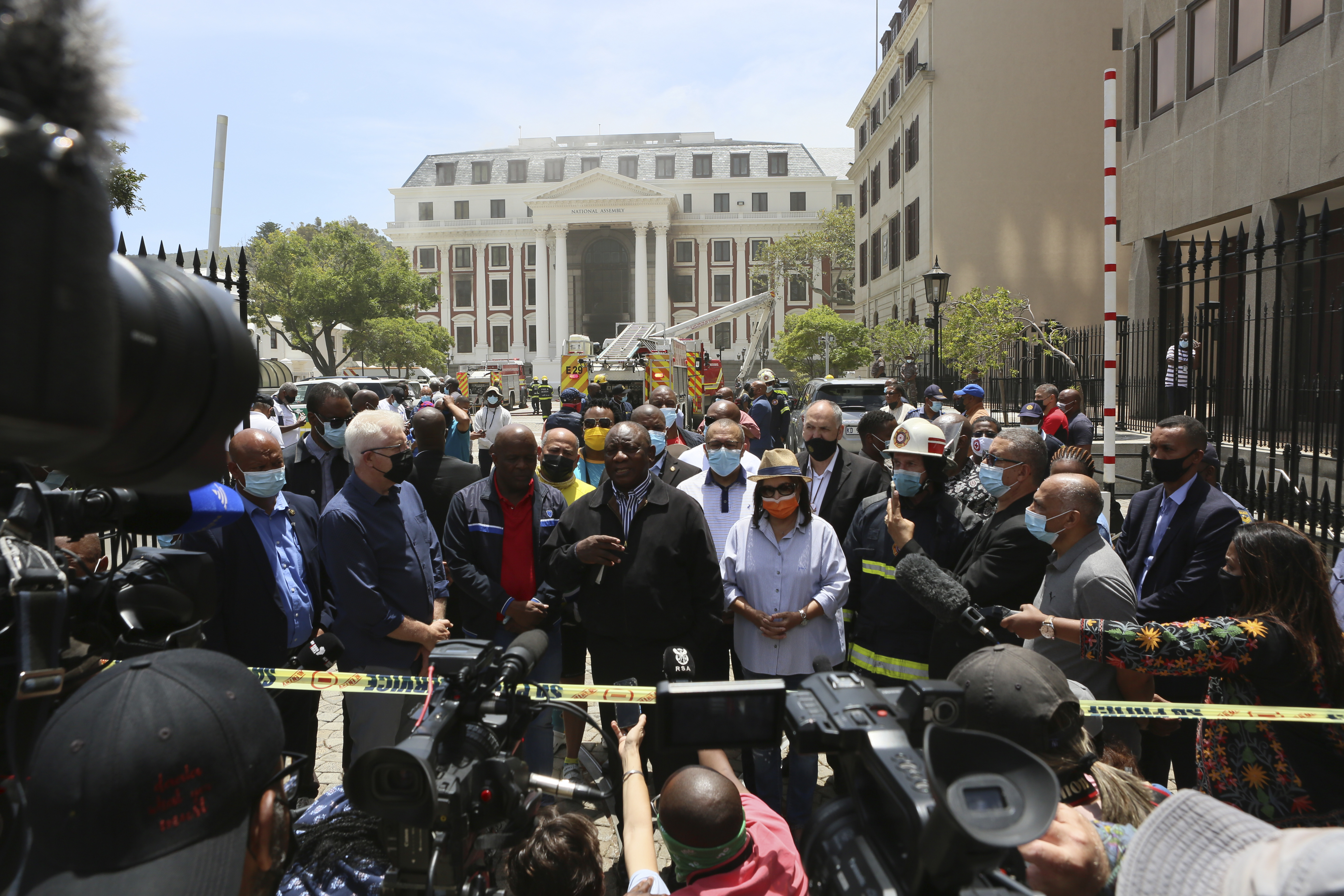 South African President Cyril Ramaphosa, addresses the press after visiting Parliament, in Cape Town