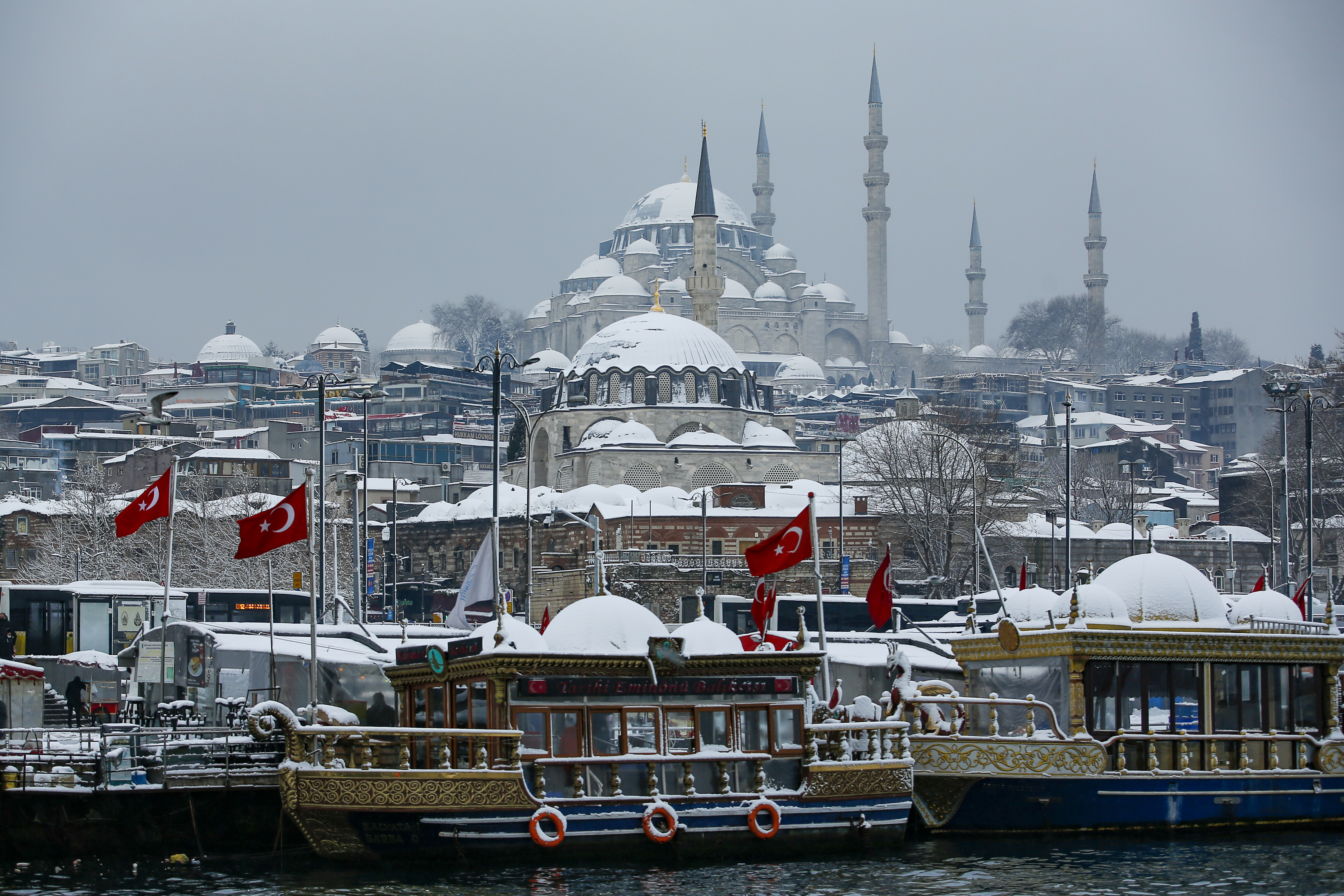 Tourist boats docked in the Golden Horn with Suleymaniye Mosque in the background at Istanbul