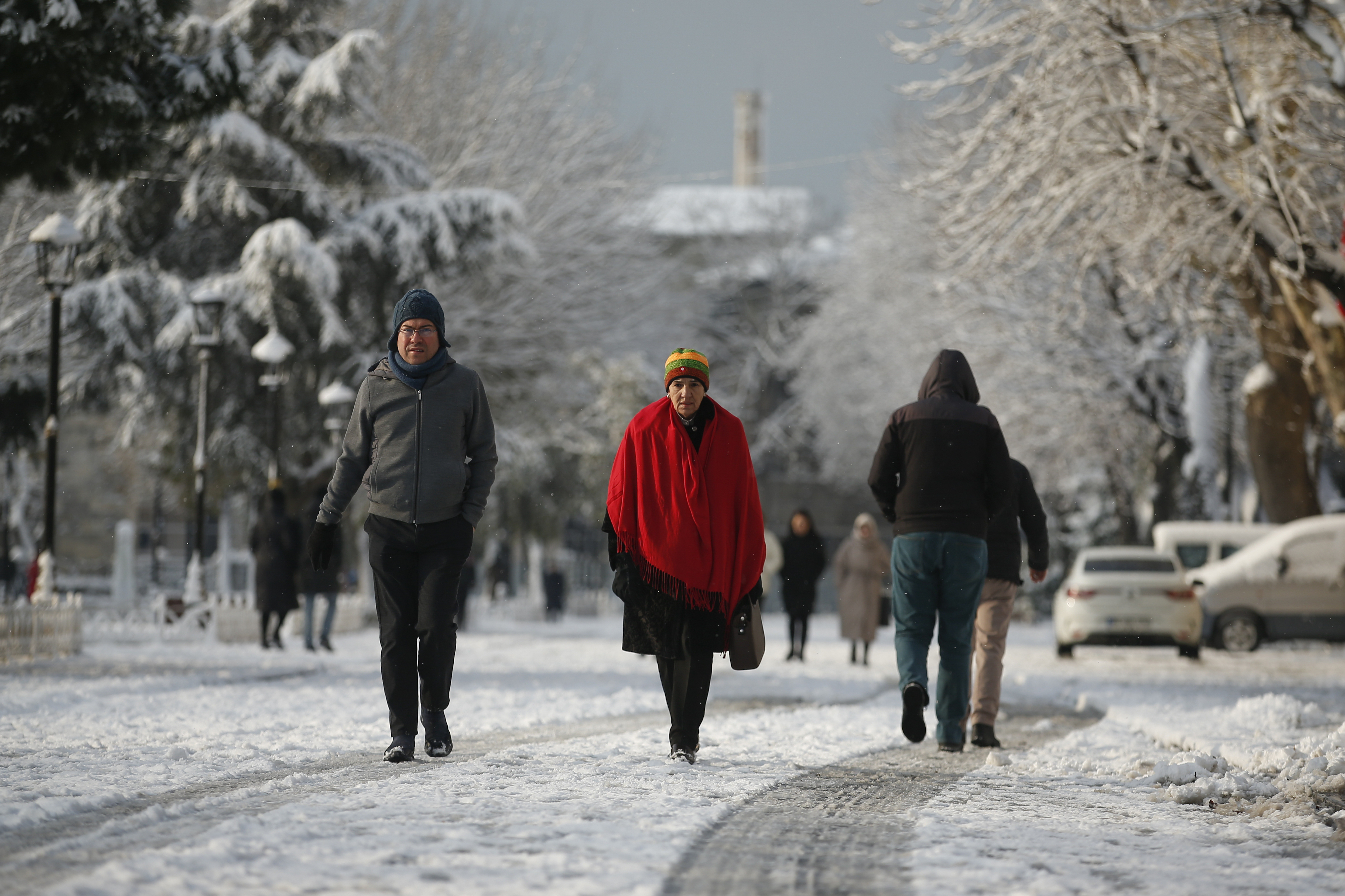 People walk in the snow at Istanbul