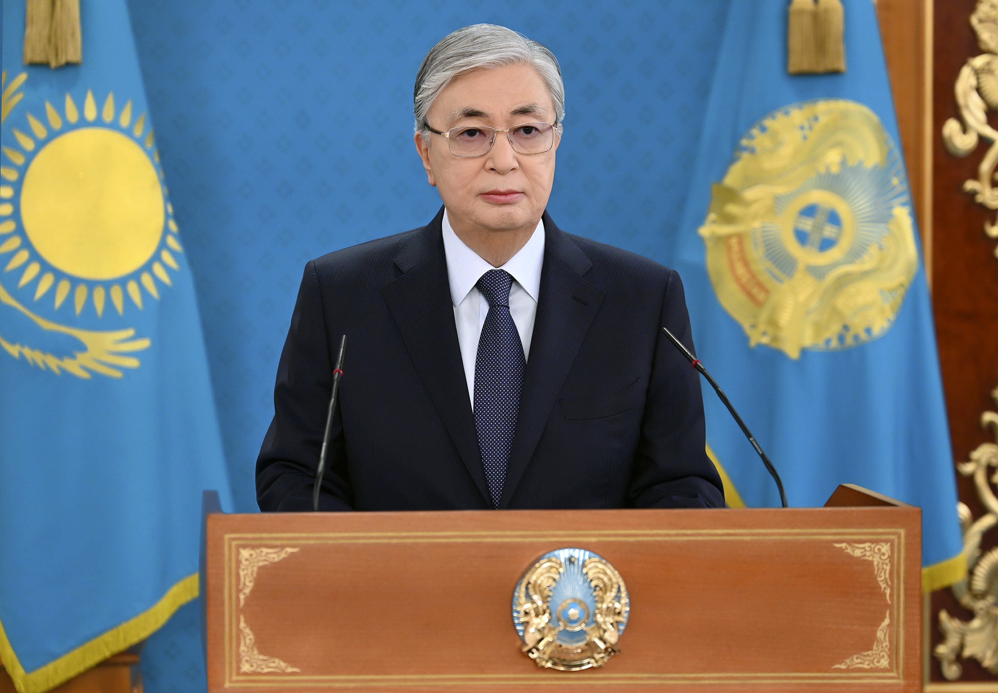 Kazakh president speaks at a press conference