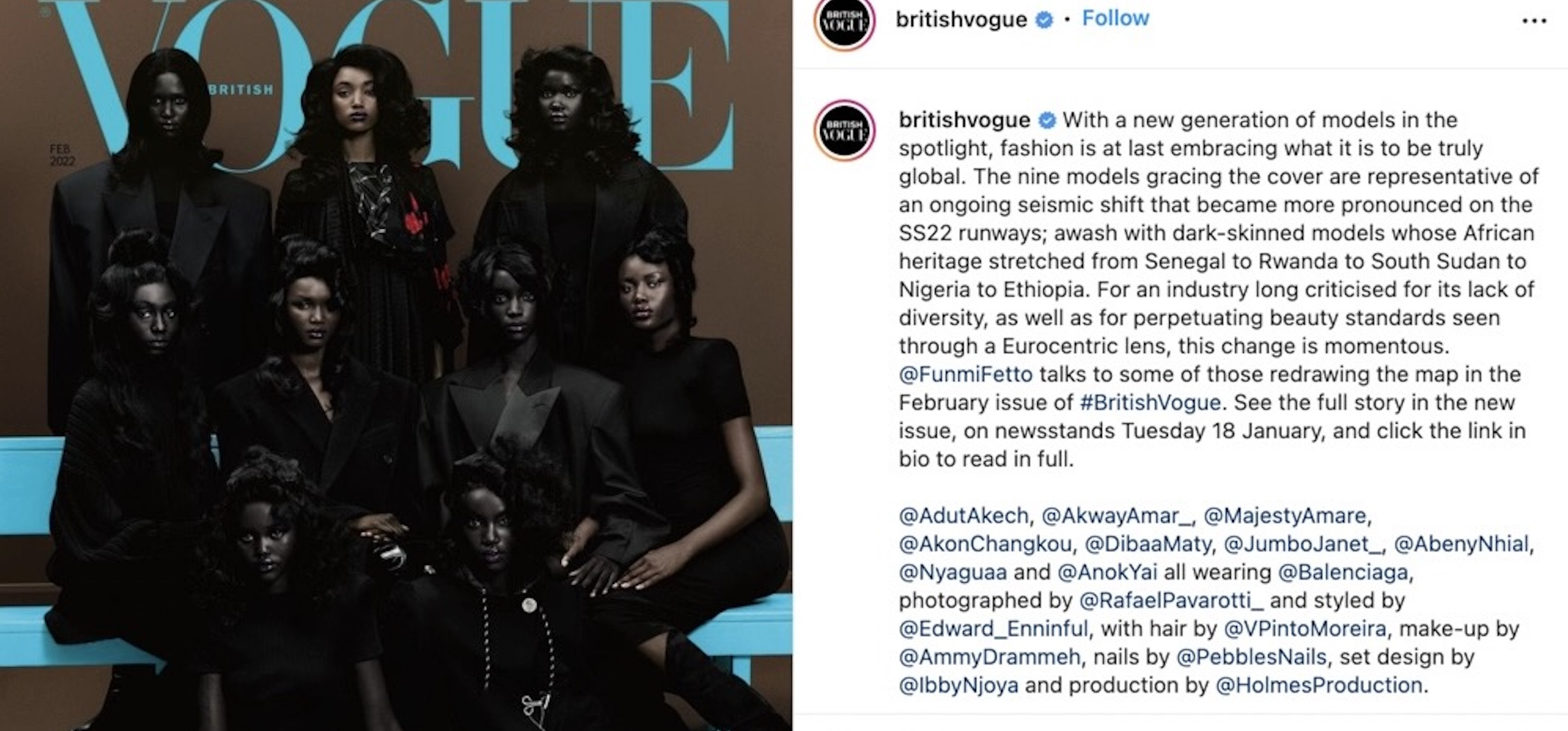 British Vogue February 2022 cover, showing 9 Black models, are seen as part of a Instagram post celebrating the initiative