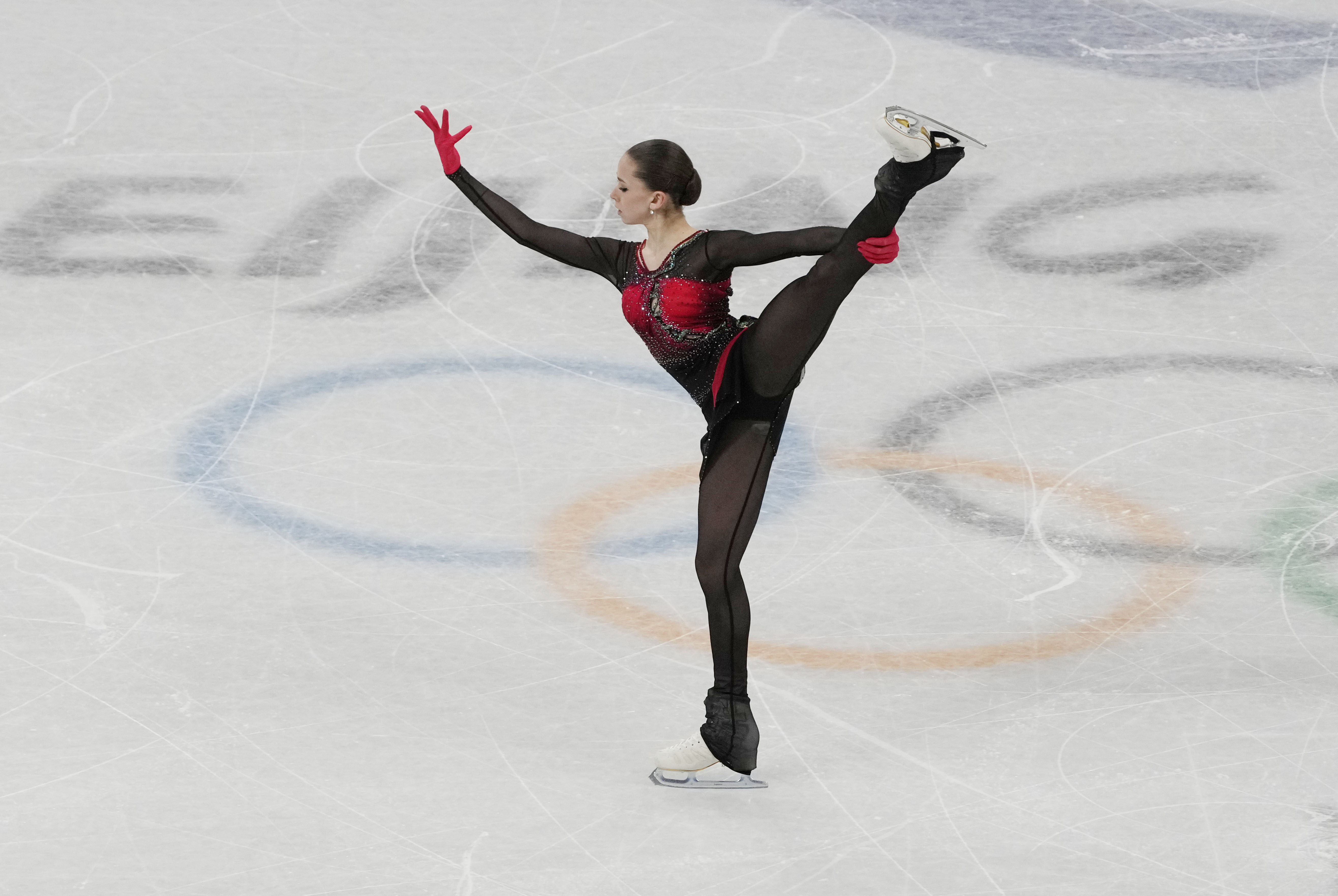 Kamila Valieva (ROC) performs during the women's single free skating portion of the figure skating mixed team final during the Beijing 2022 Olympic Winter Games at Capital Indoor Stadium