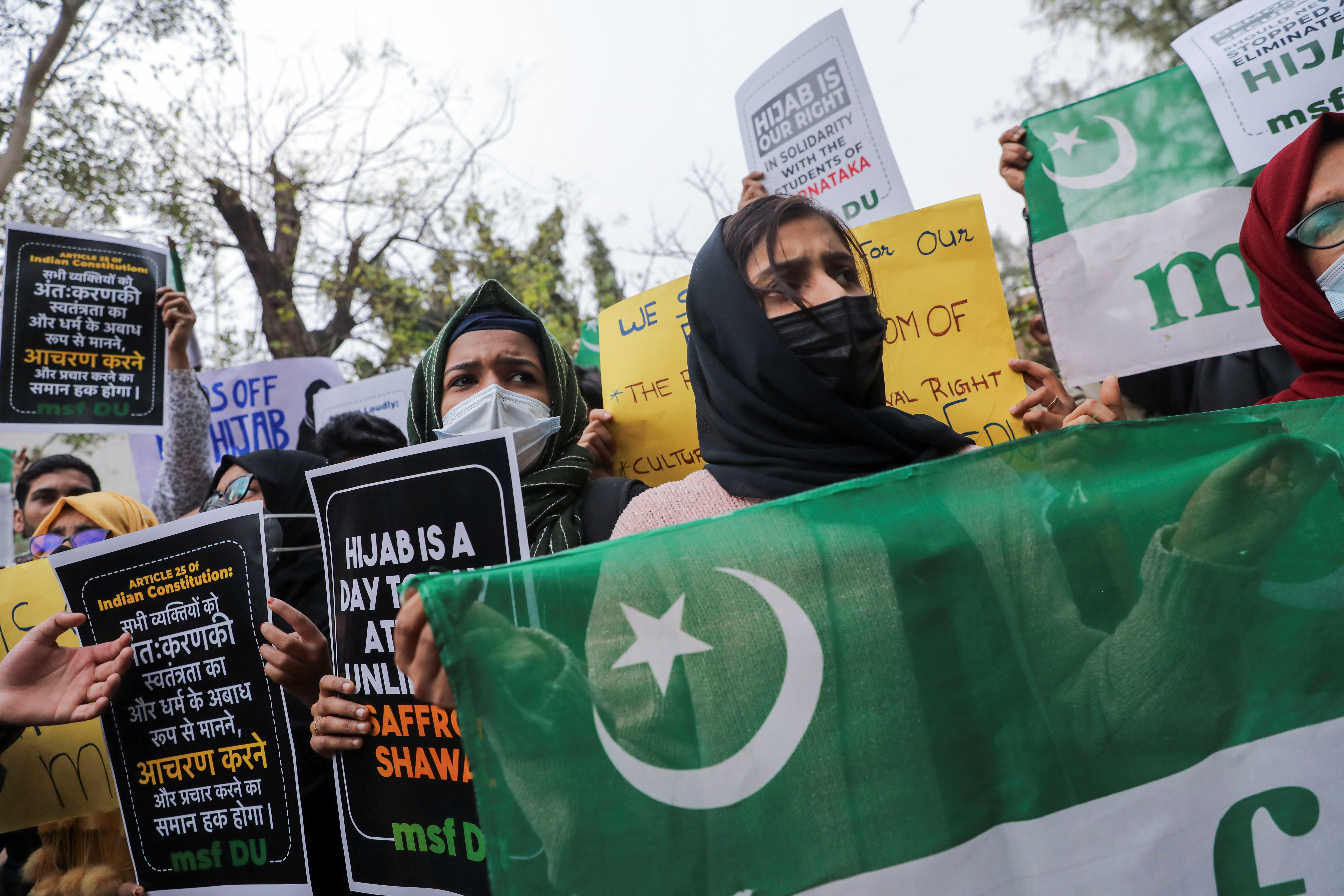 Muslim students and members of Muslim Students Federation (MSF) protest against the recent hijab ban at Karnataka's colleges, in New Delhi, India