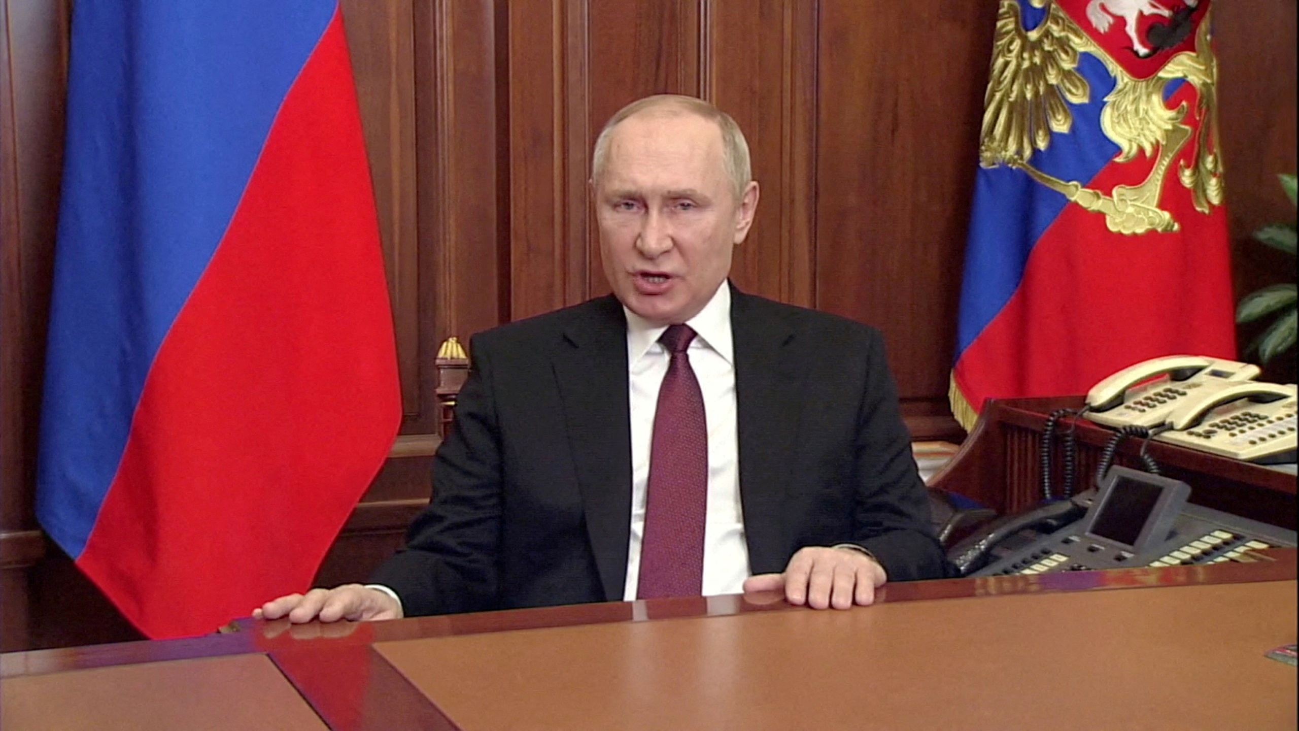 FILE PHOTO: Russian President Vladimir Putin speaks about authorising a special military operation in Ukraine's Donbass region during a special televised address on Russian state TV, in Moscow, Russia, February 24, 2022, in this still image taken from video. Russian Pool/via REUTERS TV/File Photo