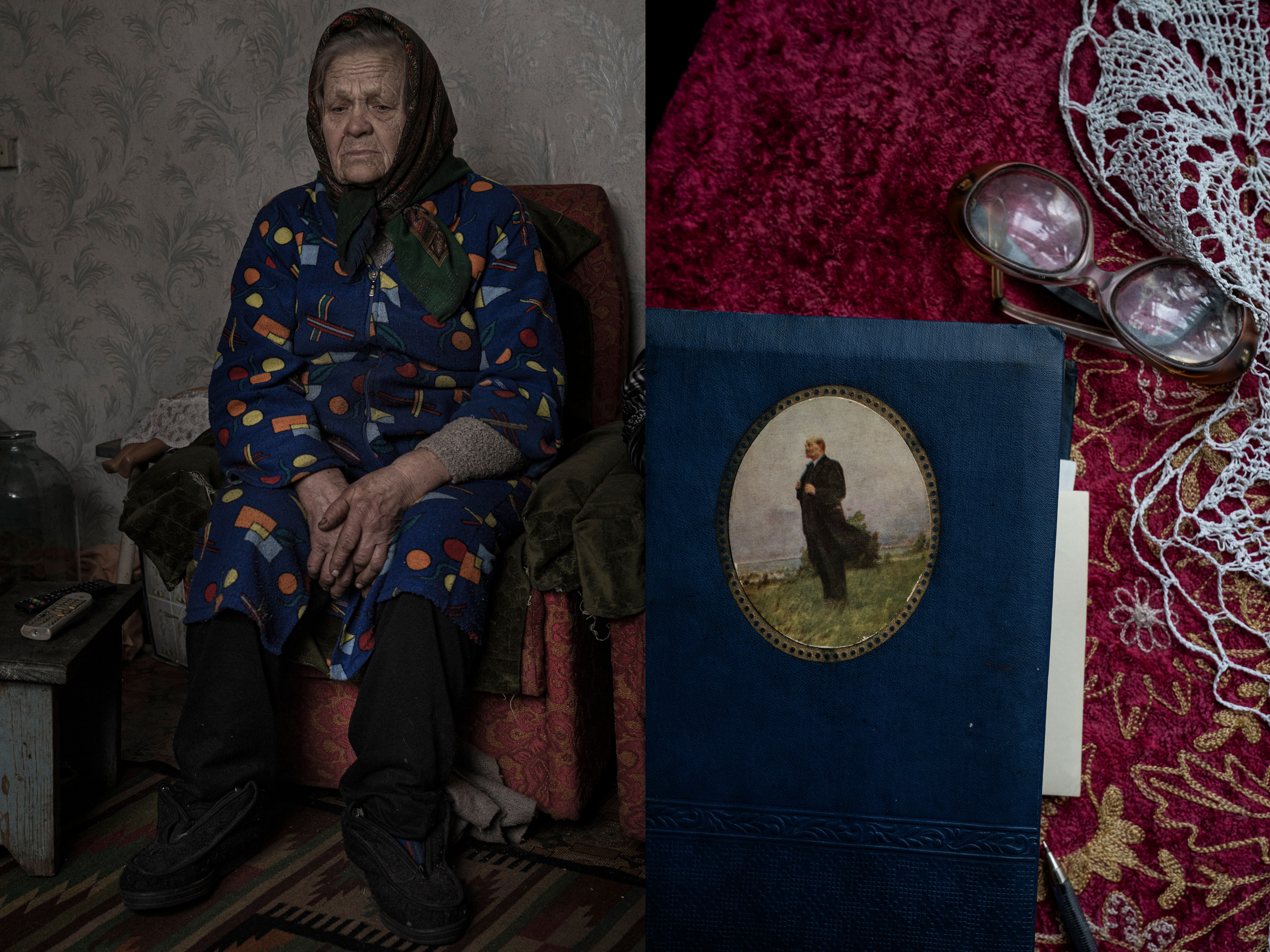 Evdokia Ivanovna, 84, looks at her family archives in a photo album that has Lenin's portrait on the cover.