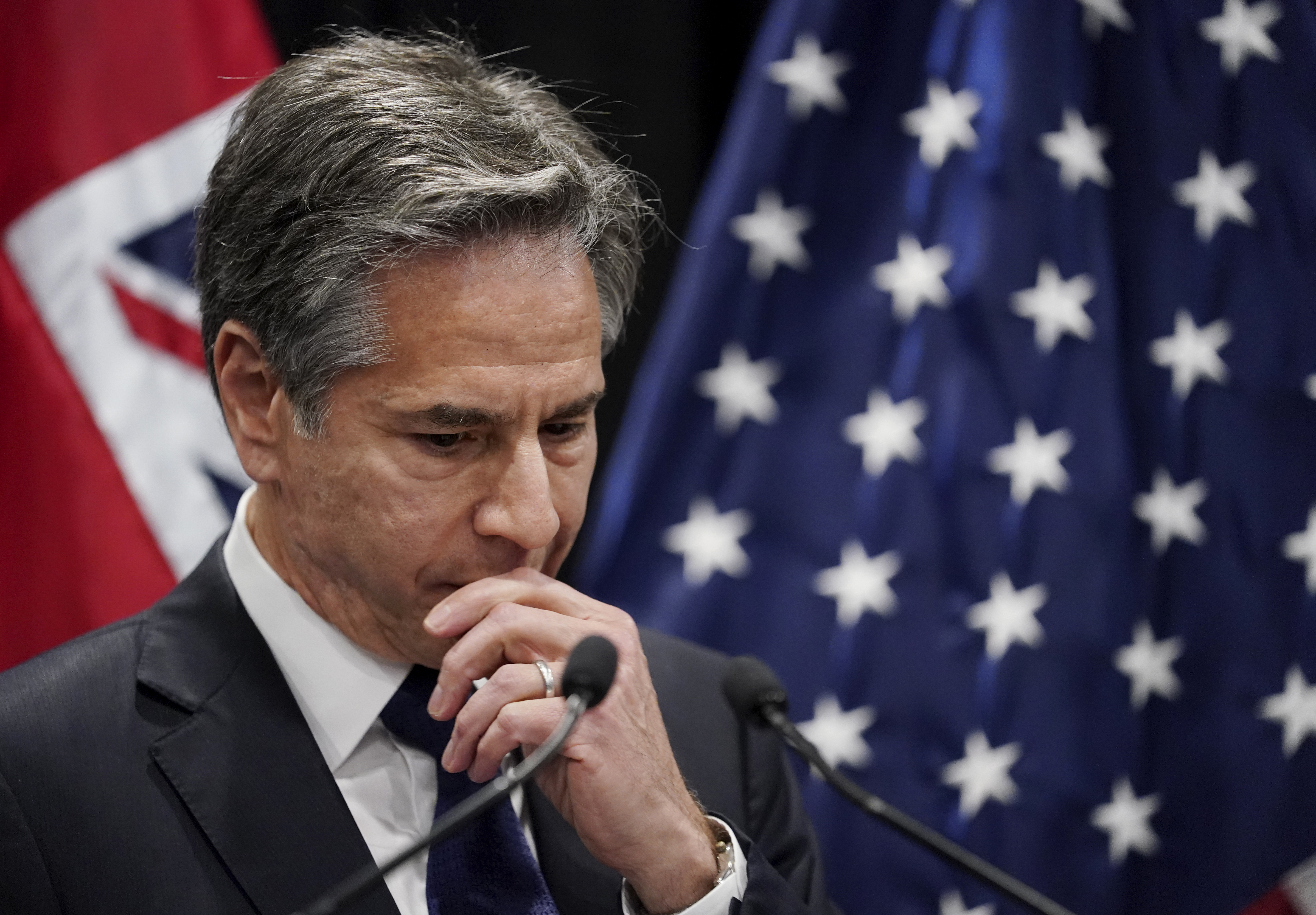 U.S. Secretary of State Antony Blinken speaks in a joint press availability with acting Fiji's Prime Minister Aiyaz Sayed-Khaiyum during his visit to Nadi, Fiji