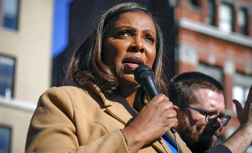 New York Attorney General Letitia James speaks during a rally in support of home care workers in New York.