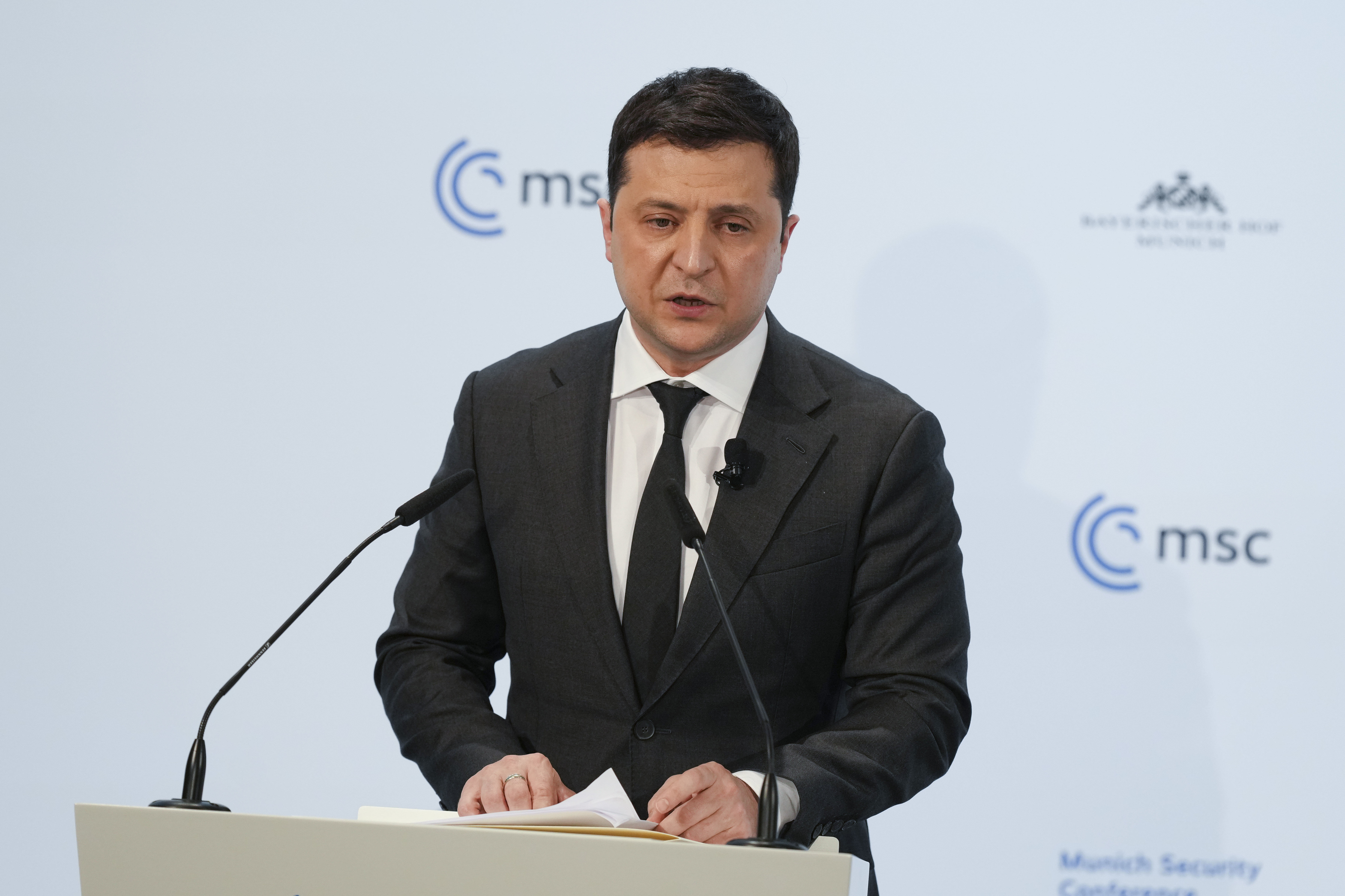 Ukrainian President Volodymyr Zelenskyy delivers his speech in Munich