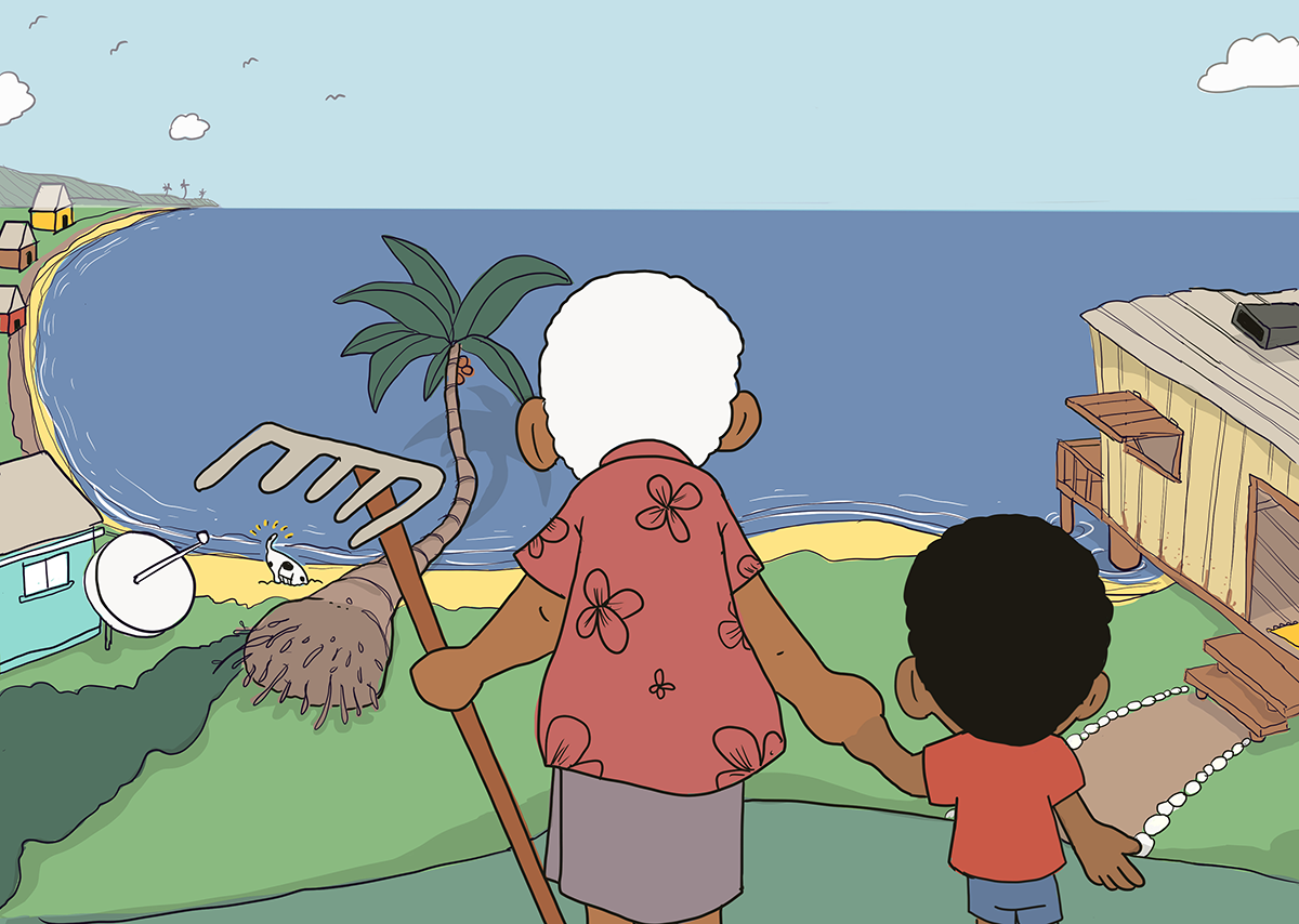 an illustration showing a man and his grandson looking out over the advancing see that is gradually swallowing their home