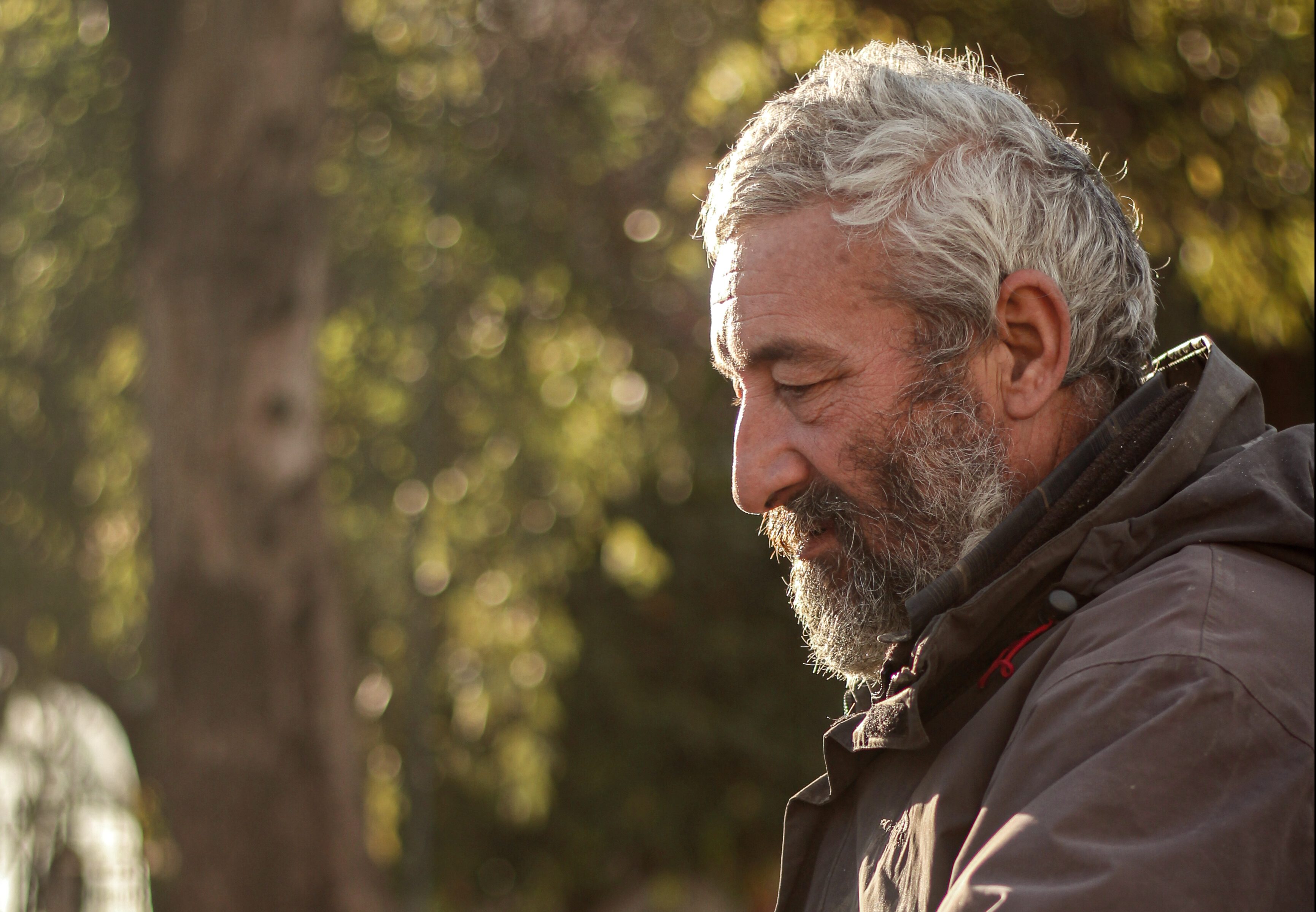 A man holds onto a bannister and looks out into a field.