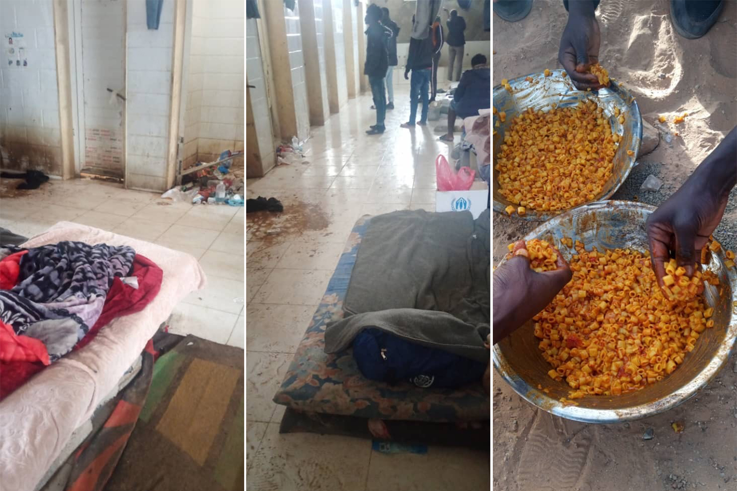 Blankets and mattresses are placed along the corridor, a few steps from the overflowing latrines.