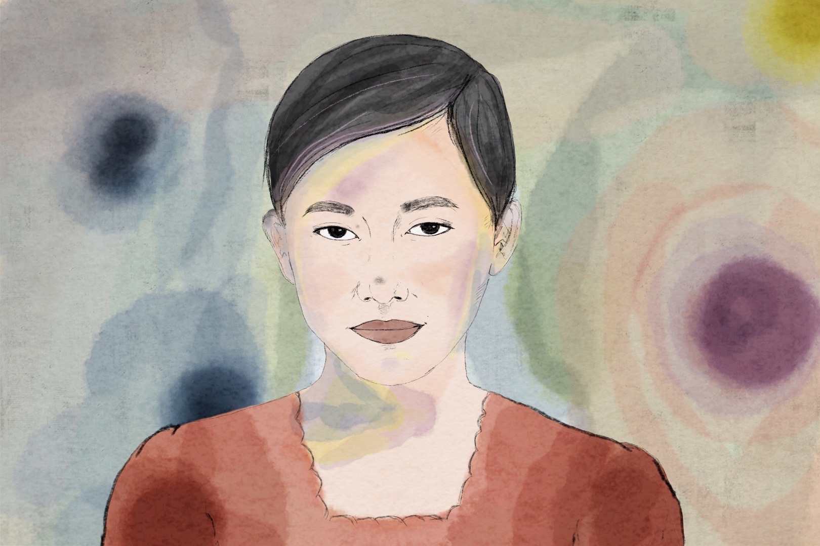 An illustration of a young Chue Moua dressed in a burnt orange outfit with her dark hair parted to the side.