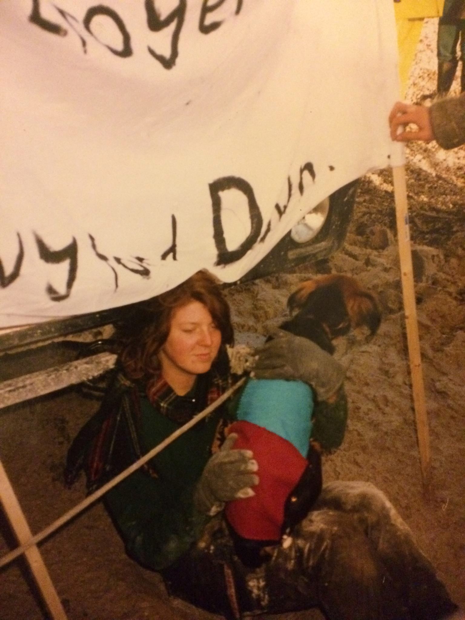 Rebecca Lush, aged 20, blocks a cement truck at Twyford Down in January 1993