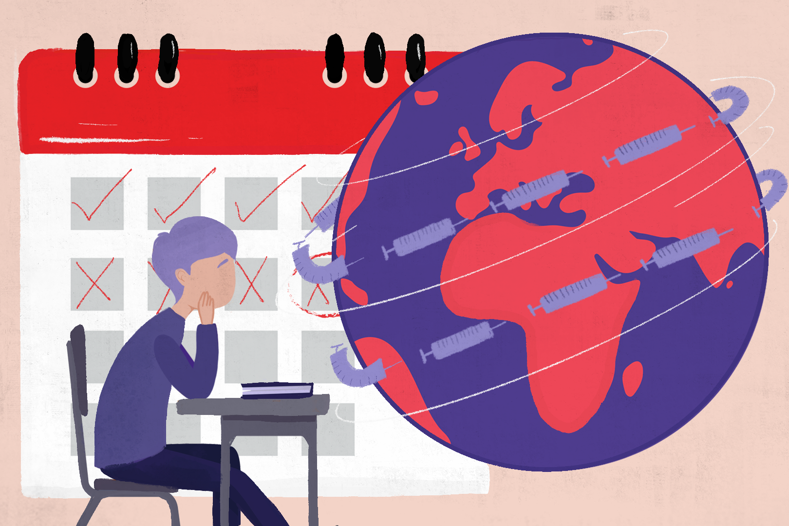 An illustration of a child sitting at a small desk with their hands on their cheeks, looking at a large globe covered by injections. There is a large calendar in the background with some days ticked off and some crossed out.